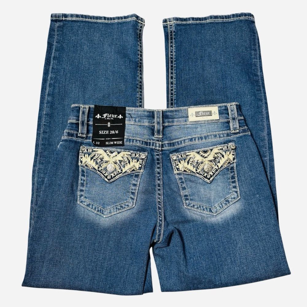 Miss Me NWT New Fleur By Miss Me Slim Wide Embroidered Back Jeans S Size 28" / US 6 / IT 42 - 3 Thumbnail