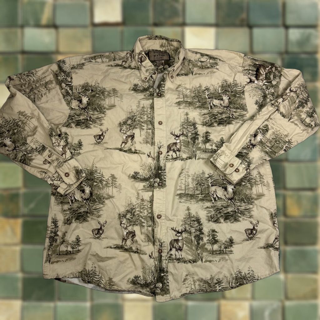 Vintage Woods & Water Outfitters Shirt Button-Up Long Sleeve XL Beige Deer Buck Hunting Camp Casual Outdoors Size US XL / EU 56 / 4 - 1 Thumbnail
