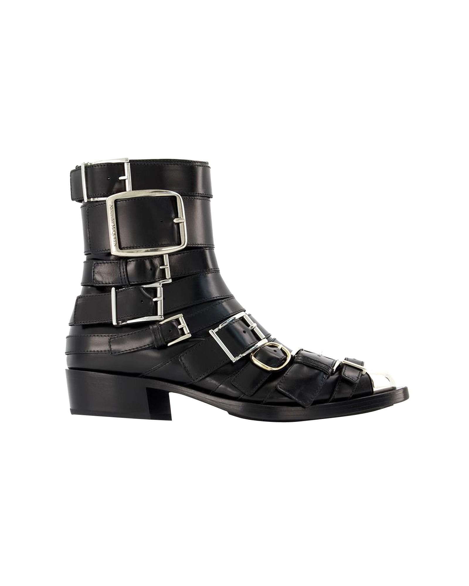 image of Alexander Mcqueen Black/silver Leather Boxcar Boots, Women's (Size 7)