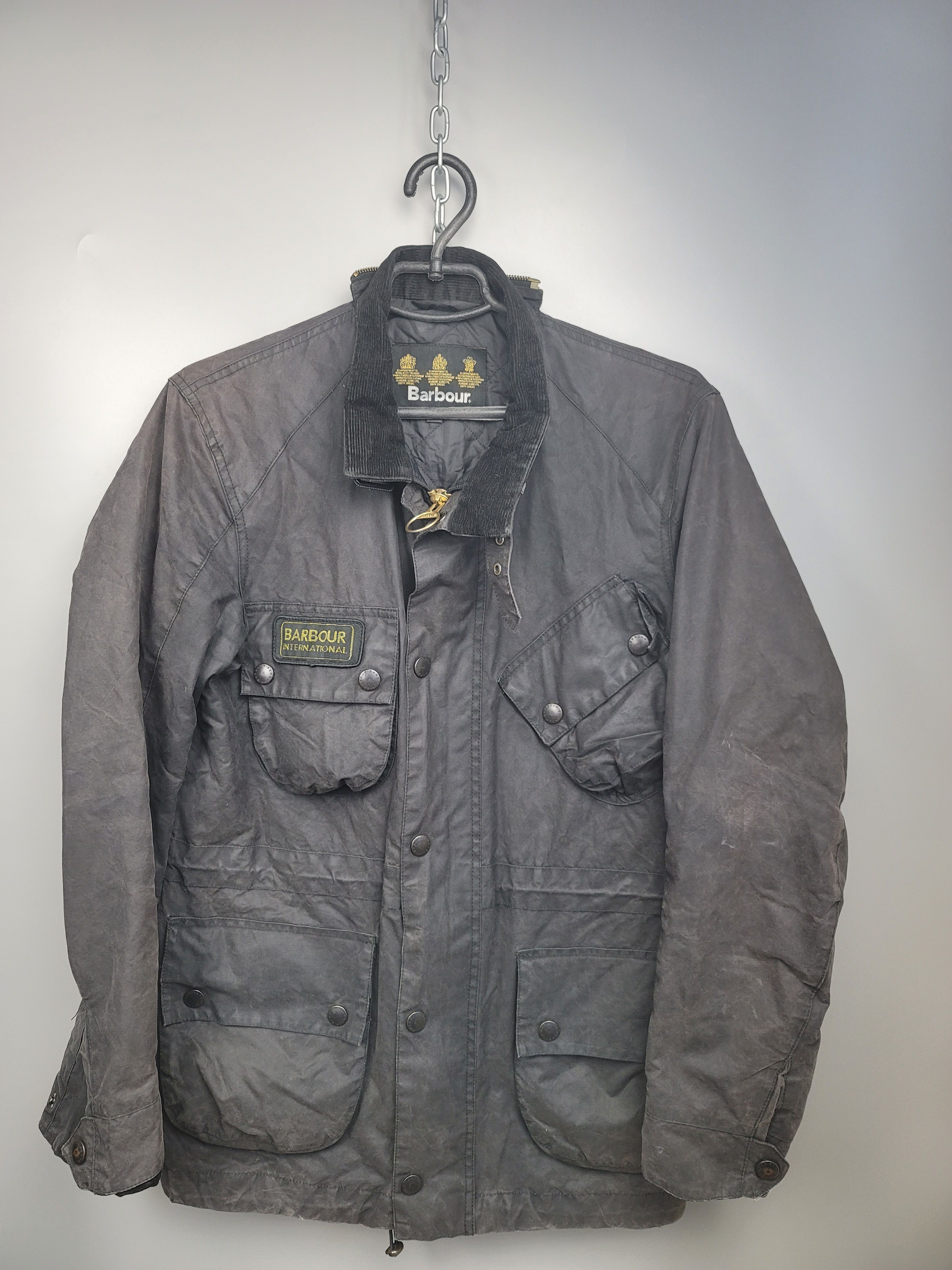 image of Barbour International Wax Cotton Jacket in Black, Men's (Size Small)