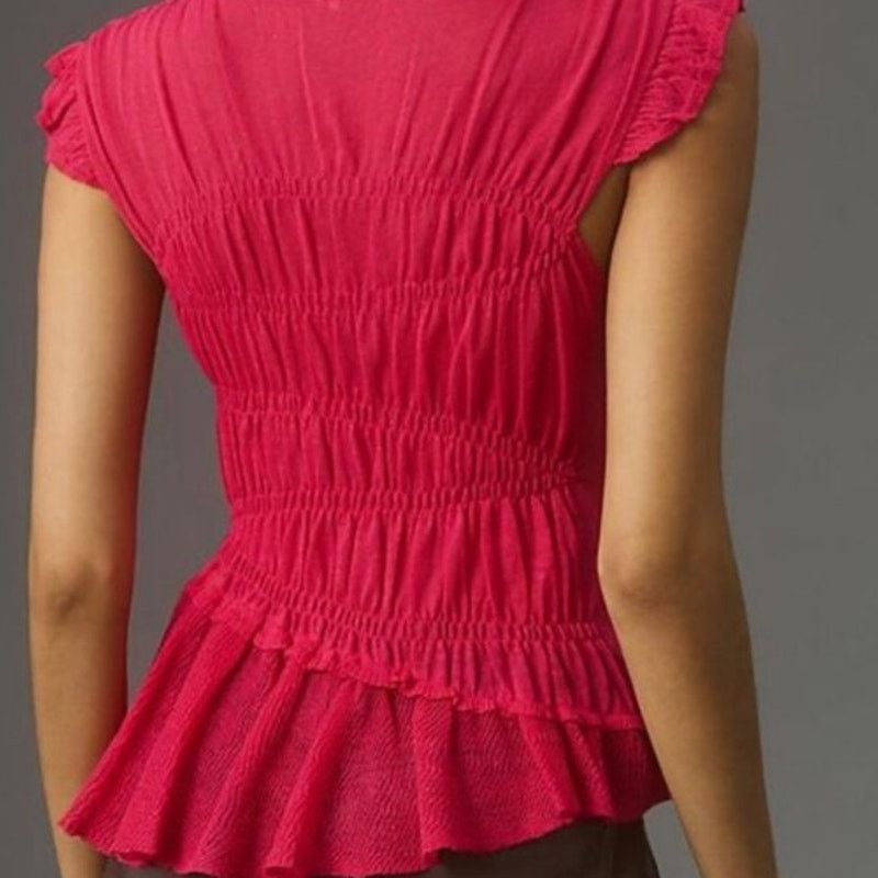 Anthropologie By Anthropologie Sheer Ruffled Hot Pink Sweater Top Small Size S / US 4 / IT 40 - 2 Thumbnail