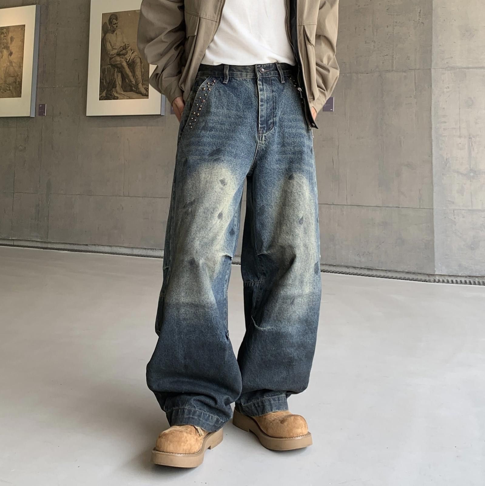 Japanese Brand Blue Distressed Wide Leg Denim Jeans, Baggy Fit Jeans Size US 30 / EU 46 - 2 Thumbnail