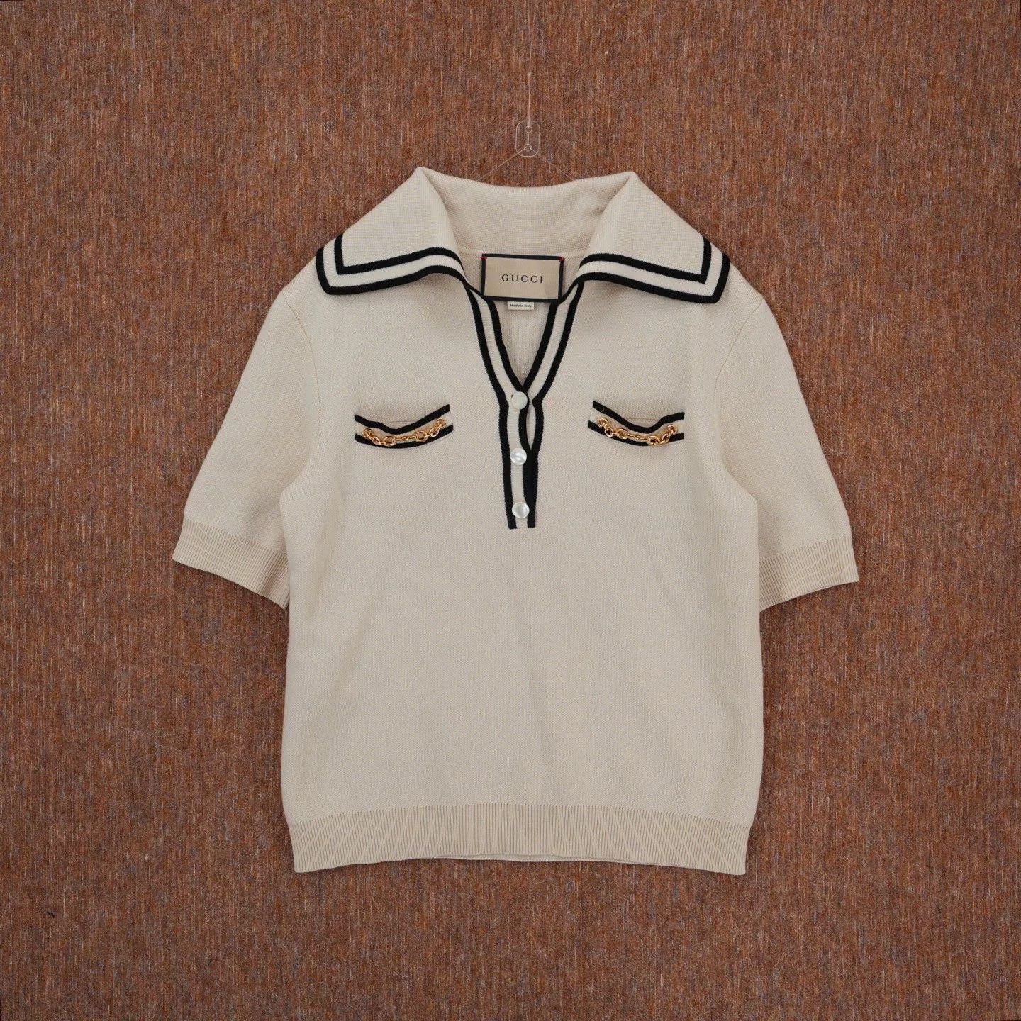 Gucci Gucci Beige Navy Collar Short-Sleeve Knit Size S / US 4 / IT 40 - 1 Thumbnail