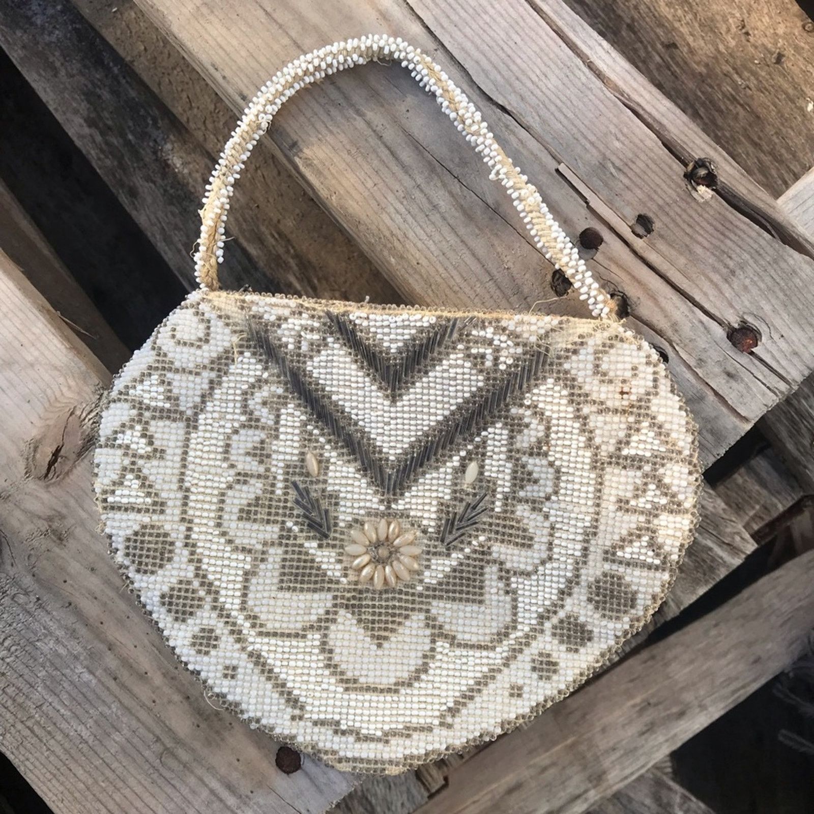 Vintage Beaded Tiny Clutch Purse Cream Gold in White, Women's
