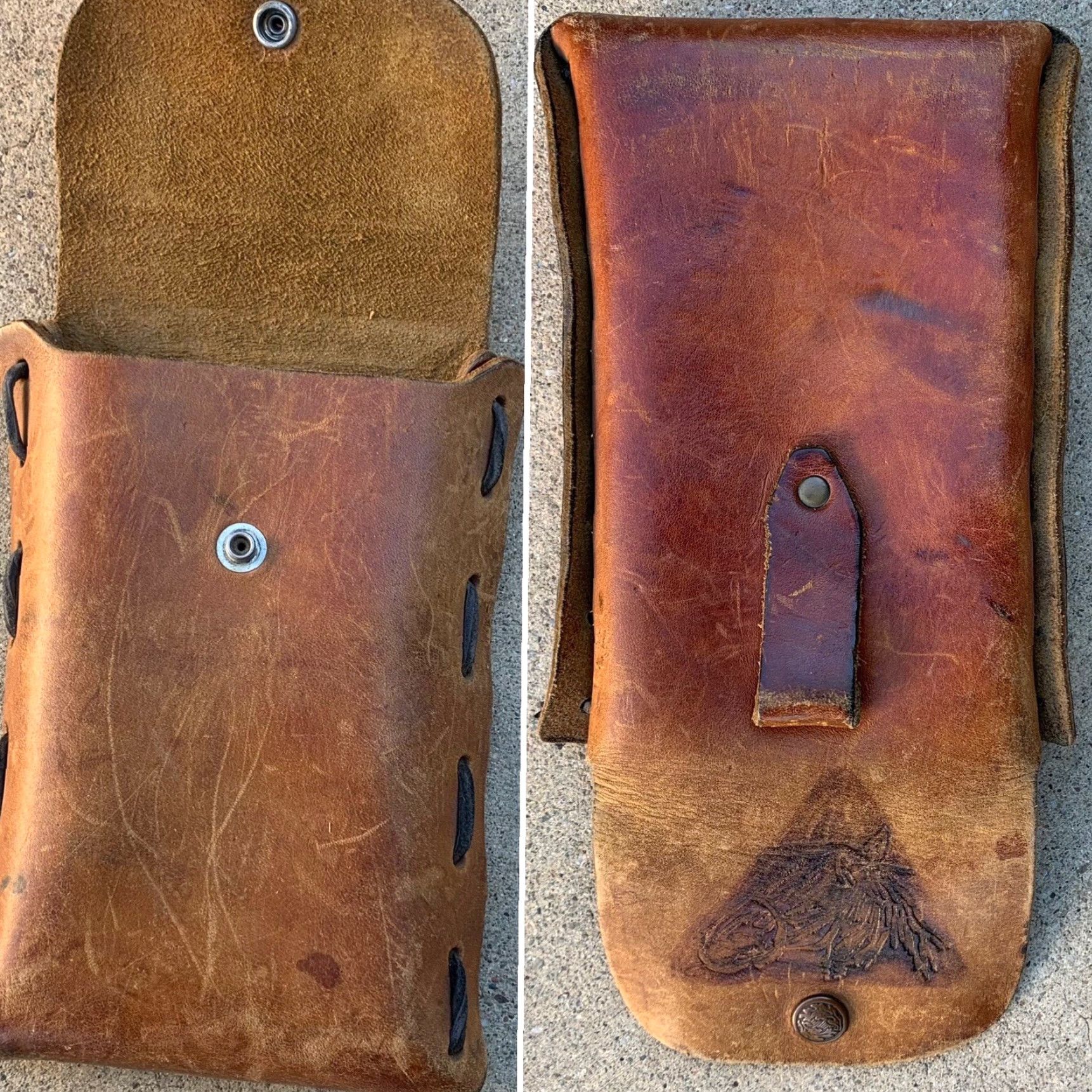 Vintage VINTAGE Tooled Leather Pouch Bag Western Laced Sides Horse Design Snap Closure Belt Bag Brown Unisex Adult Size ONE SIZE - 5 Thumbnail
