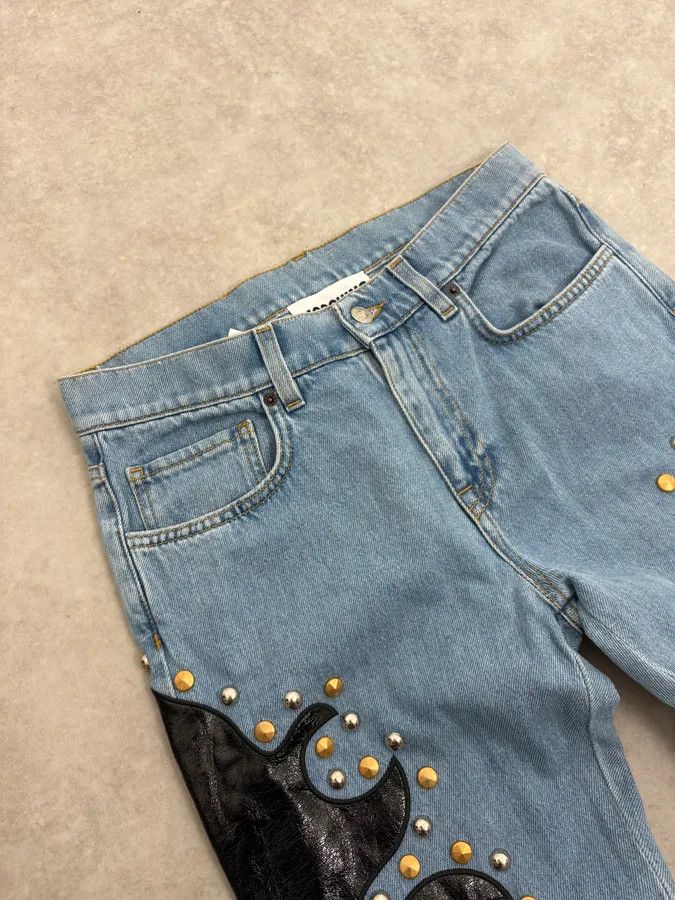 Moschino 1990s Moschino Blue Denim & Black Leather Jeans Size US 39 - 6 Thumbnail
