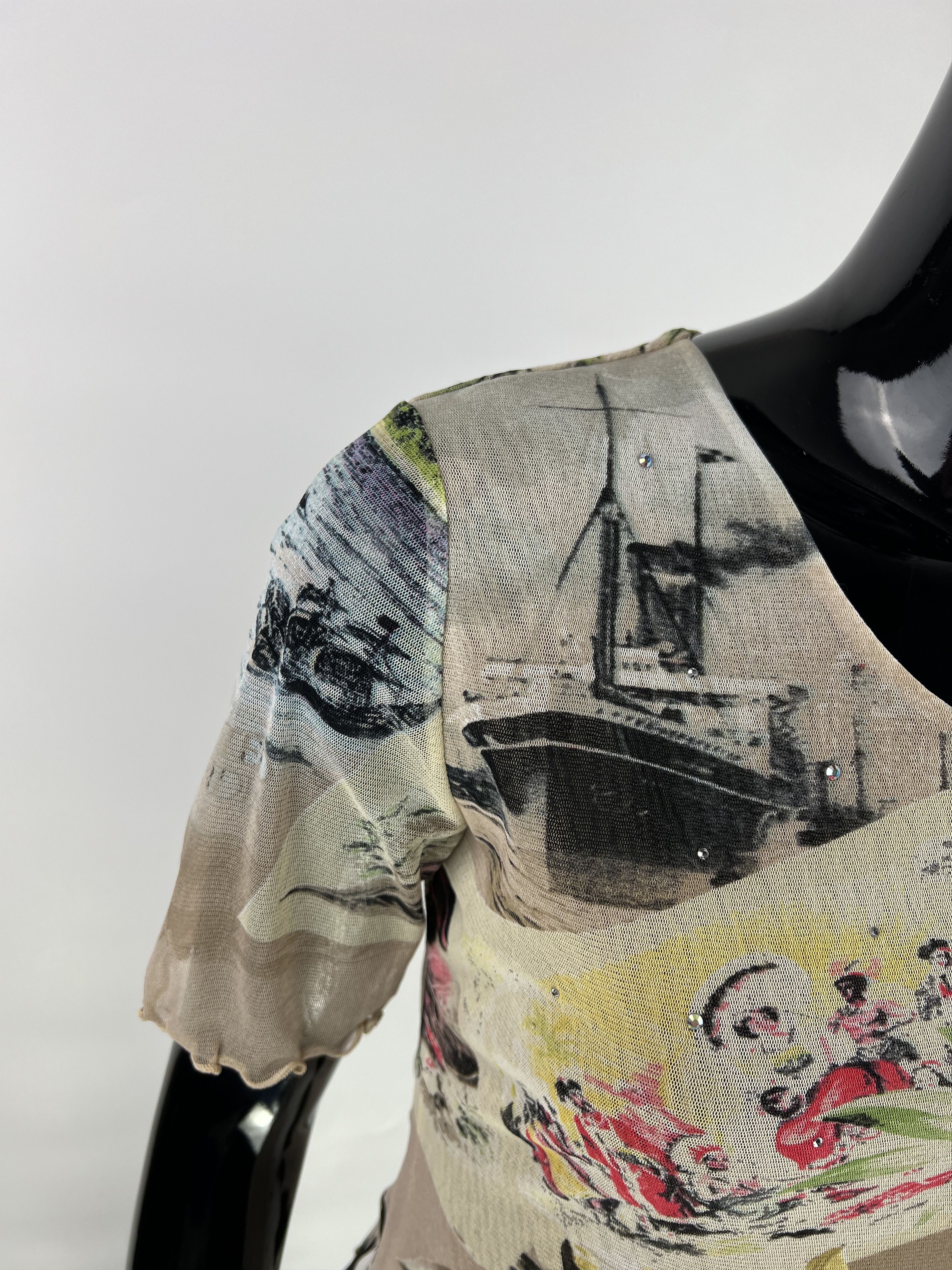 Designer Suzanna Paris Vtg Rhinestones Floral Print Mesh Top Size 3 Size L / US 10 / IT 46 - 10 Thumbnail