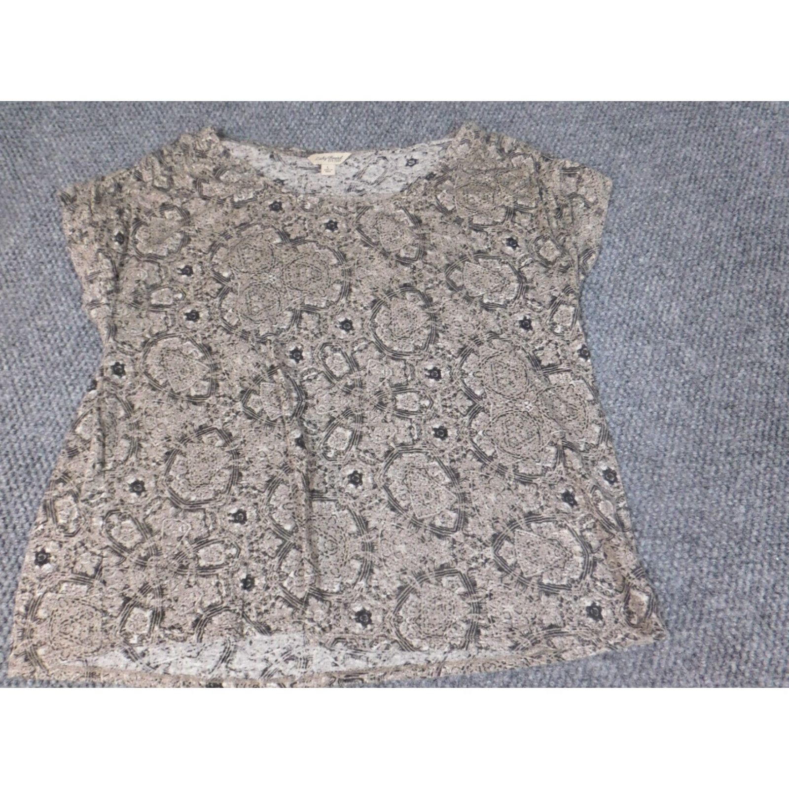 Lucky Brand Lucky Brand Blouse Shirt Womens L Beige Geometric Stretch Crew Neck Pullover Casual Linen Rayon Button Classic/Regular Size L / US 10 / IT 46 - 3 Thumbnail