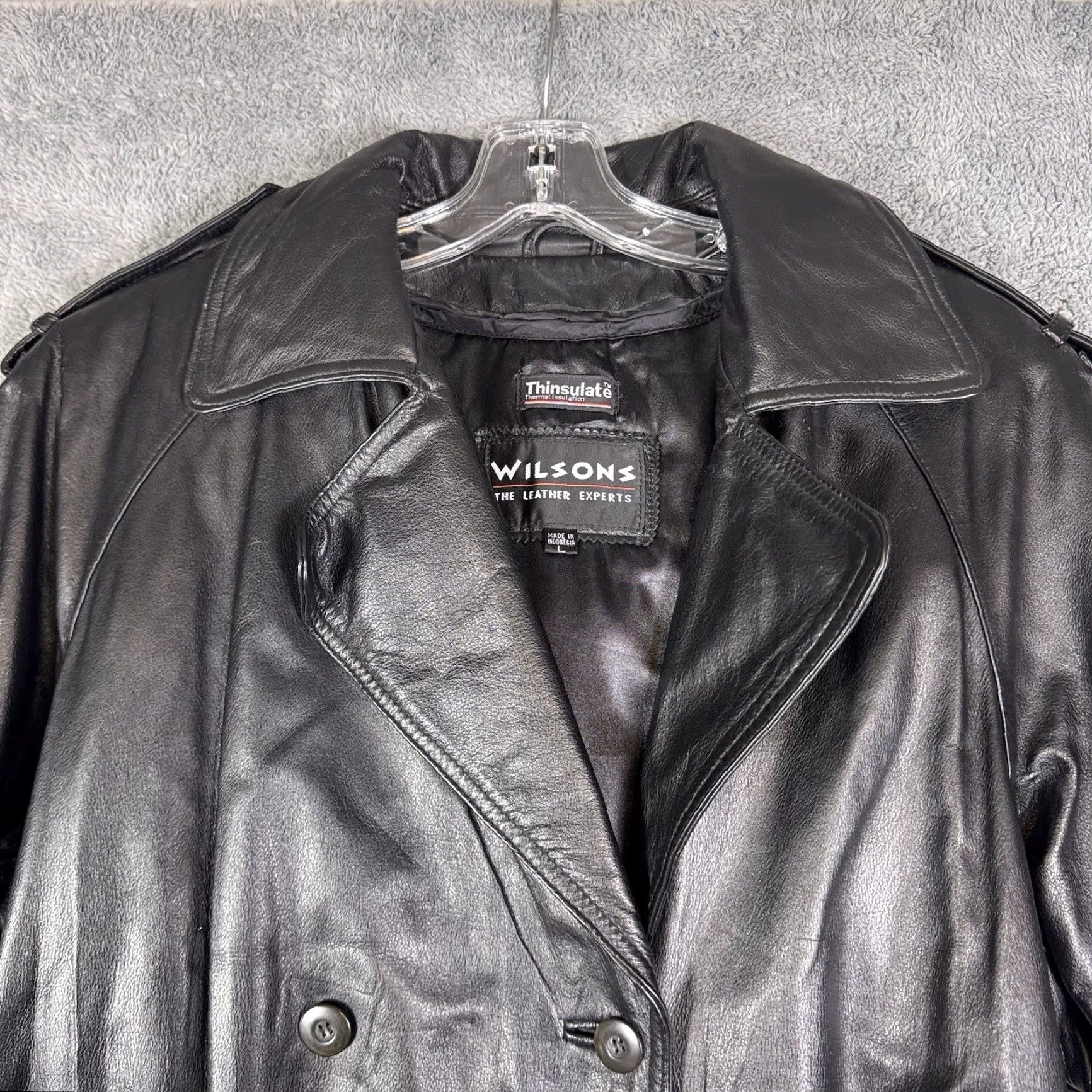 Vintage VINTAGE Wilsons Leather Jacket Womens L Belted Double Breasted Trench Coat Thinsulate Black Long Sleeve Jacket Coat Size L / US 10 / IT 46 - 6 Thumbnail