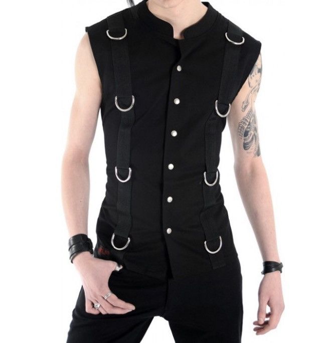 20471120 Aderlass Gothic Punk Black Sleeveless Vest with Straps Rings Size L / US 10 / IT 46 - 1 Thumbnail