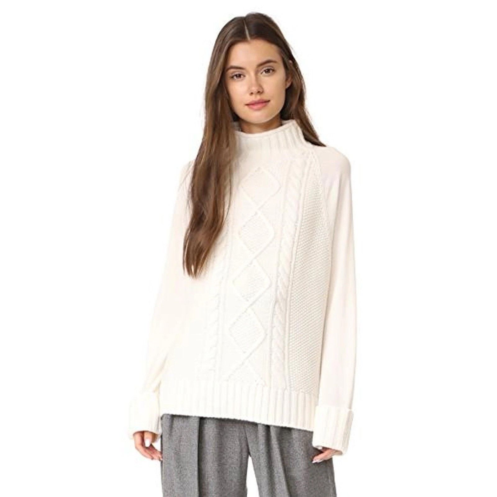 Theory Theory Easy Mock Neck Cable Knit Cashmere Ivory White Small Size S / US 4 / IT 40 - 1 Thumbnail