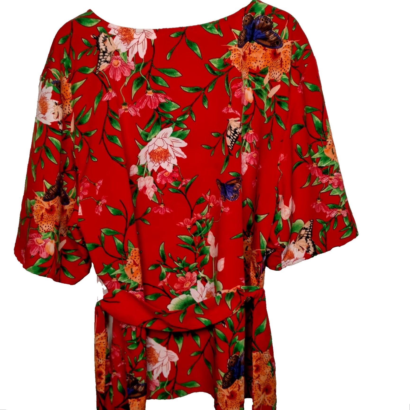 Vintage Avon Blouse Shirt Women XL Red Butterfly Floral Belted Tunic Top Size XL / US 12-14 / IT 48-50 - 3 Thumbnail