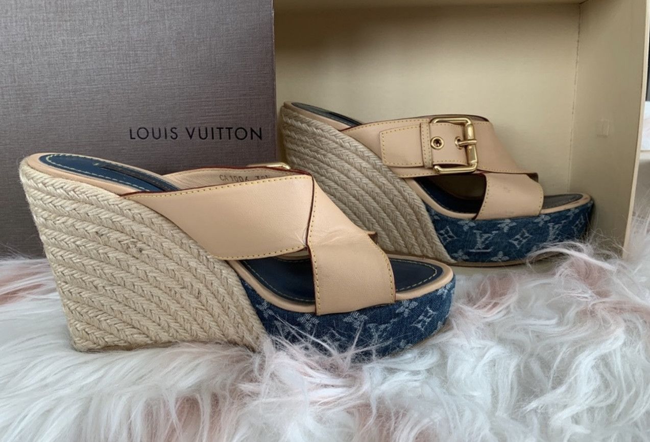 Louis Vuitton Louis Vuitton Blue Denim Monogram Espadrille Wedges Size US 8.5 / IT 38.5 - 5 Thumbnail