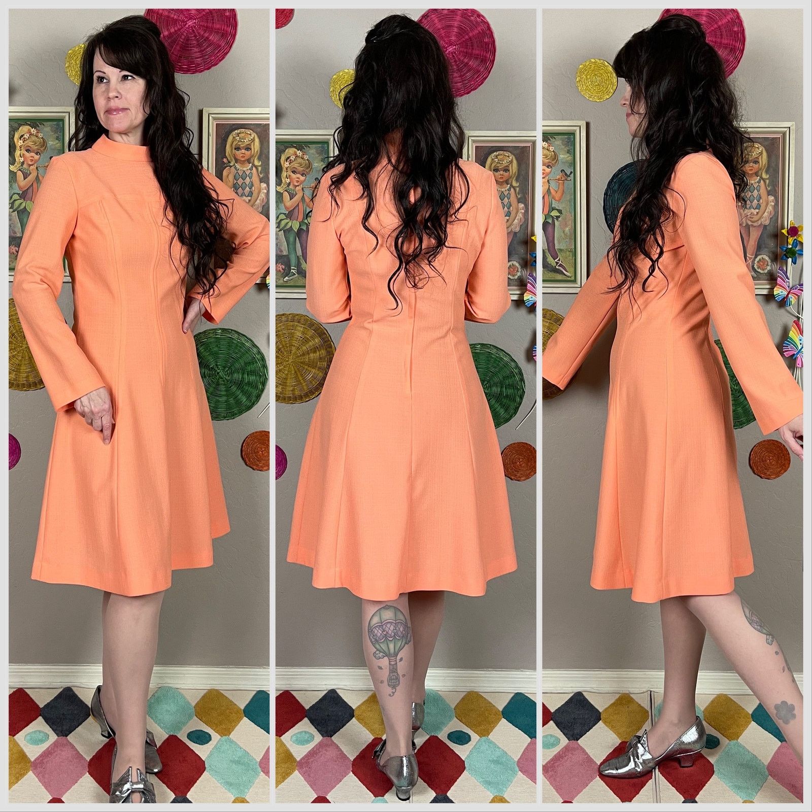 Vintage Vintage 1970s Peach Mock Neck Long Sleeve A-line Dress Size S / US 4 / IT 40 - 2 Thumbnail