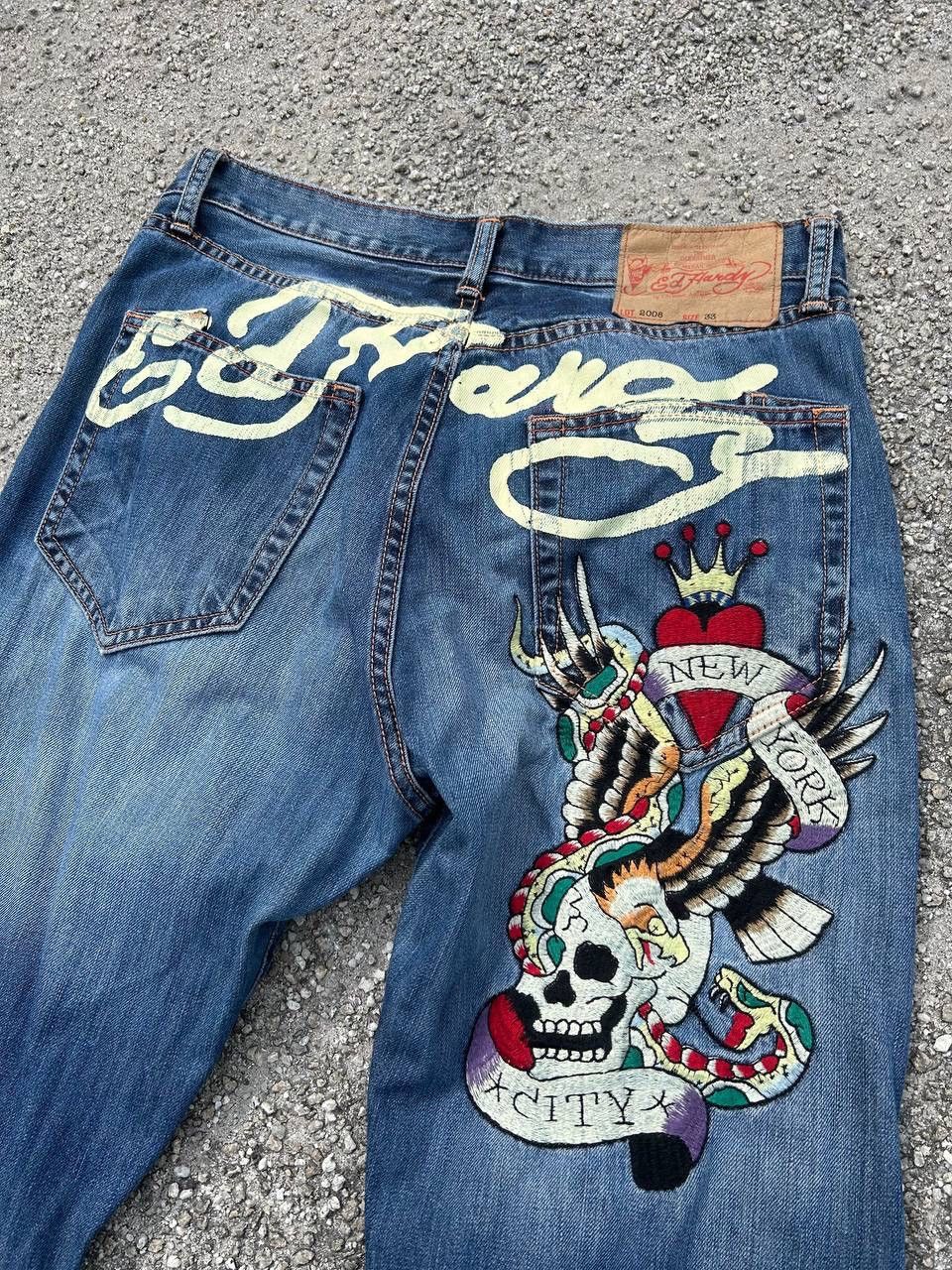 Christian Audigier × Ed Hardy × Vintage Ed hardy Embroidered Skull Denim Jeans Size US 34 / EU 50 - 2 Thumbnail