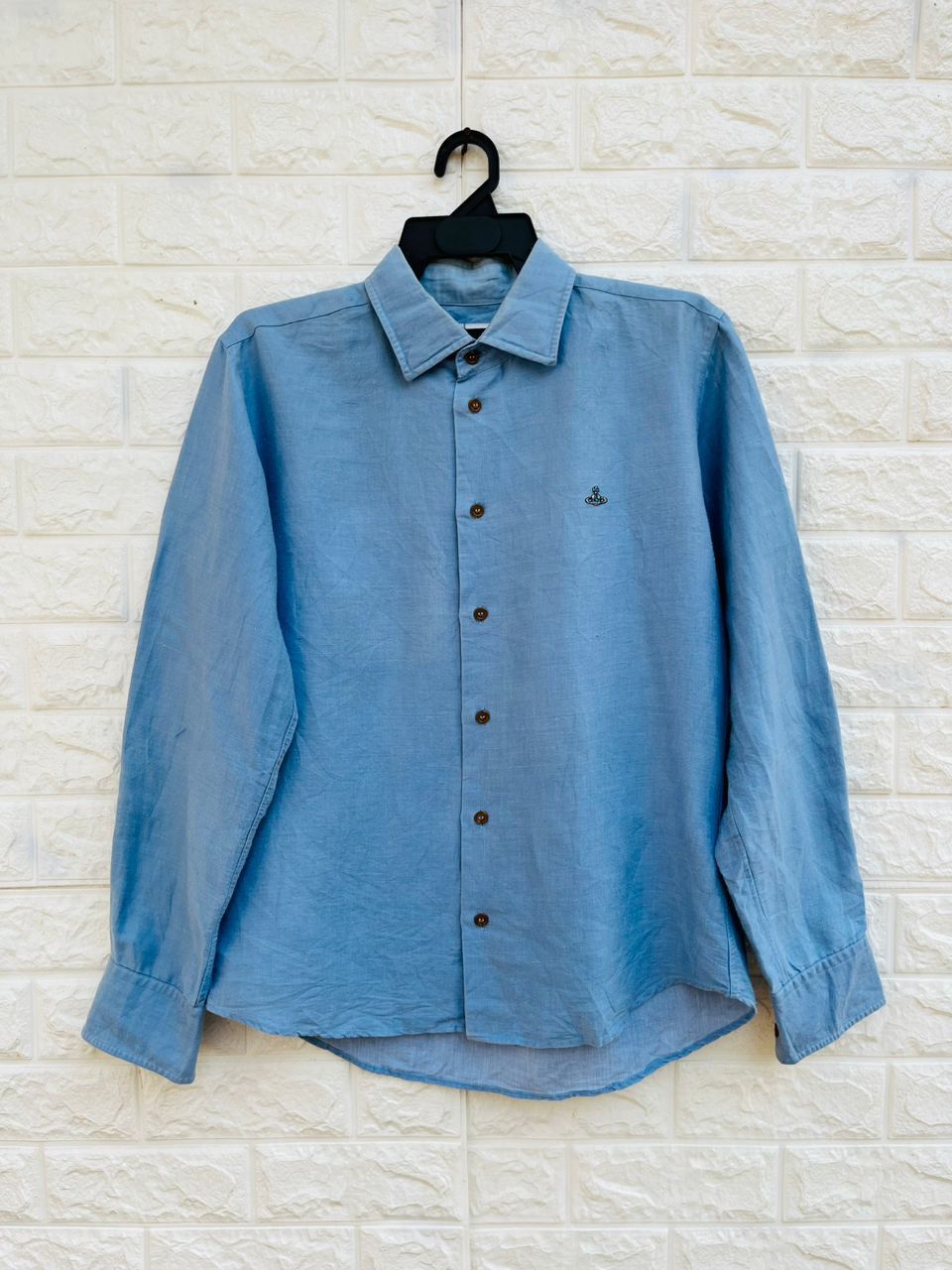 image of Vintage Vivien Westwood Designer Fashion Style Shirt in Sky Blue, Men's (Size Medium)
