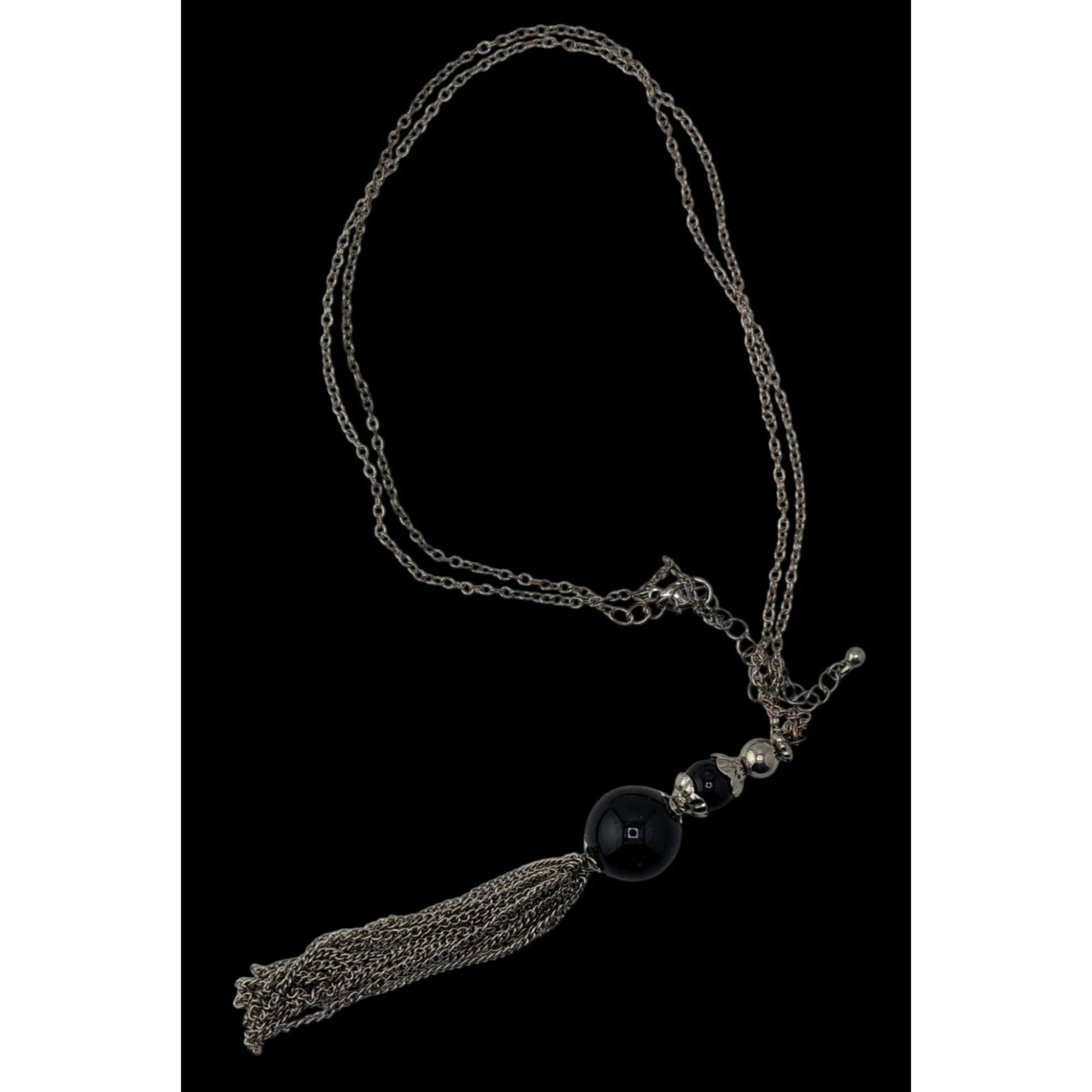 Other Boho Gothic Silver-Tone Chain Necklace With Black Beads & Ta Size ONE SIZE - 3 Thumbnail