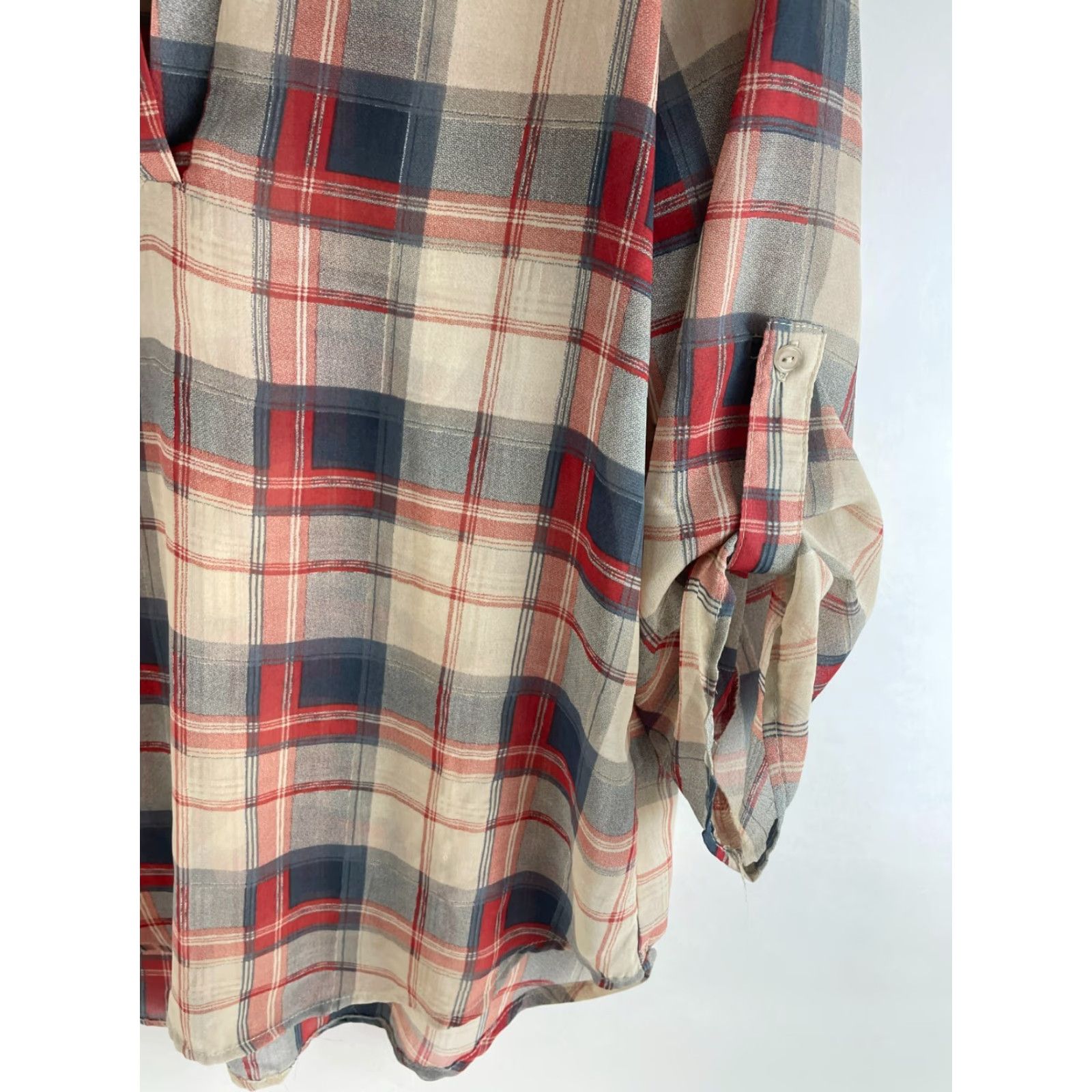 Vintage TeenBell Shirt Women's Medium T-Shirt Plaid 3/4 Sleeve Red Tan Blue Semi Sheer Casual Fall Modern Womens Size M / US 6-8 / IT 42-44 - 5 Thumbnail