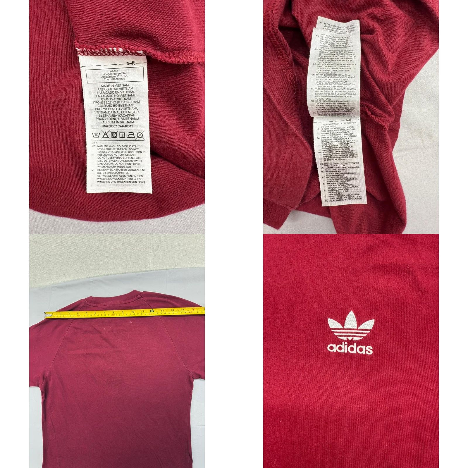 Adidas Adidas Originals T-Shirt Men XS Burgundy 3-Stripes Stripe Cotton Short Sleeve Crew Neck Jersey Relaxed Fit Size US XS / EU 42 / 0 - 8 Thumbnail