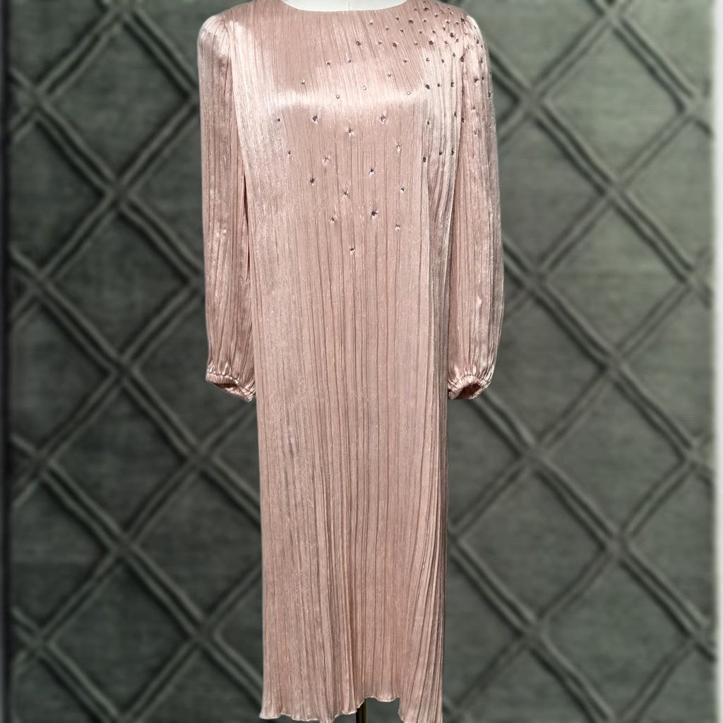 Vintage VINTAGE Morton Myles Dress Womens 6 Pink Pleated Satin Midi Shift Rhinestone 80s Size M / US 6-8 / IT 42-44 - 1 Thumbnail