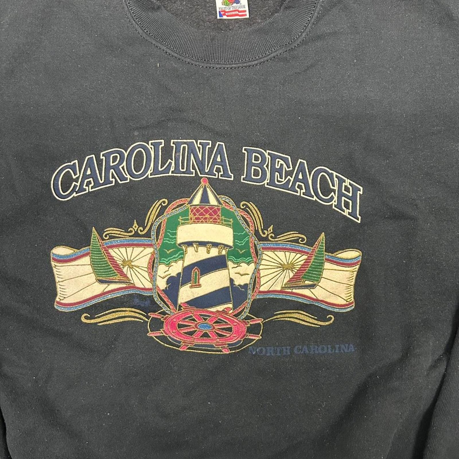 Fruit Of The Loom VTG 90s black crewneck sweatshirt with Carolina Beach Size US XL / EU 56 / 4 - 2 Thumbnail