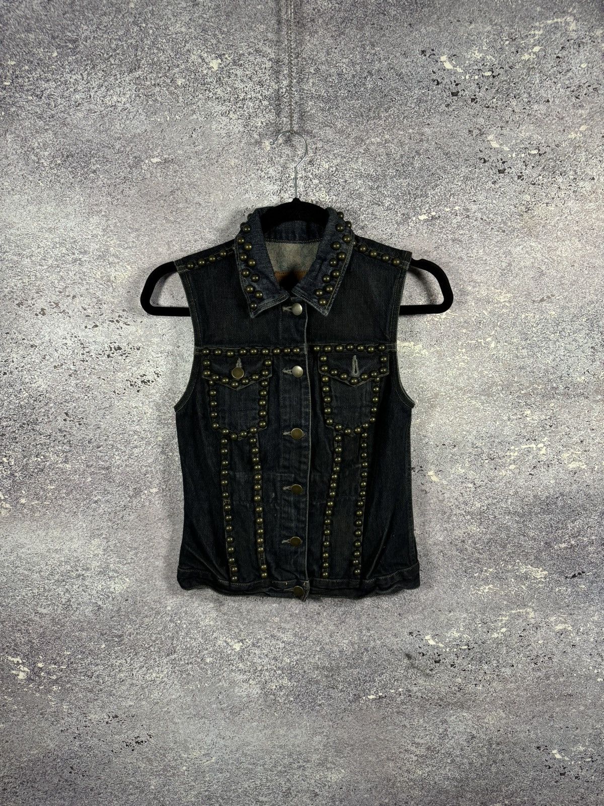 Allsaints × Vintage AllSaints Spitalfields Biker Studded Denim Vests Gilet S sz Size S / US 4 / IT 40 - 1 Thumbnail
