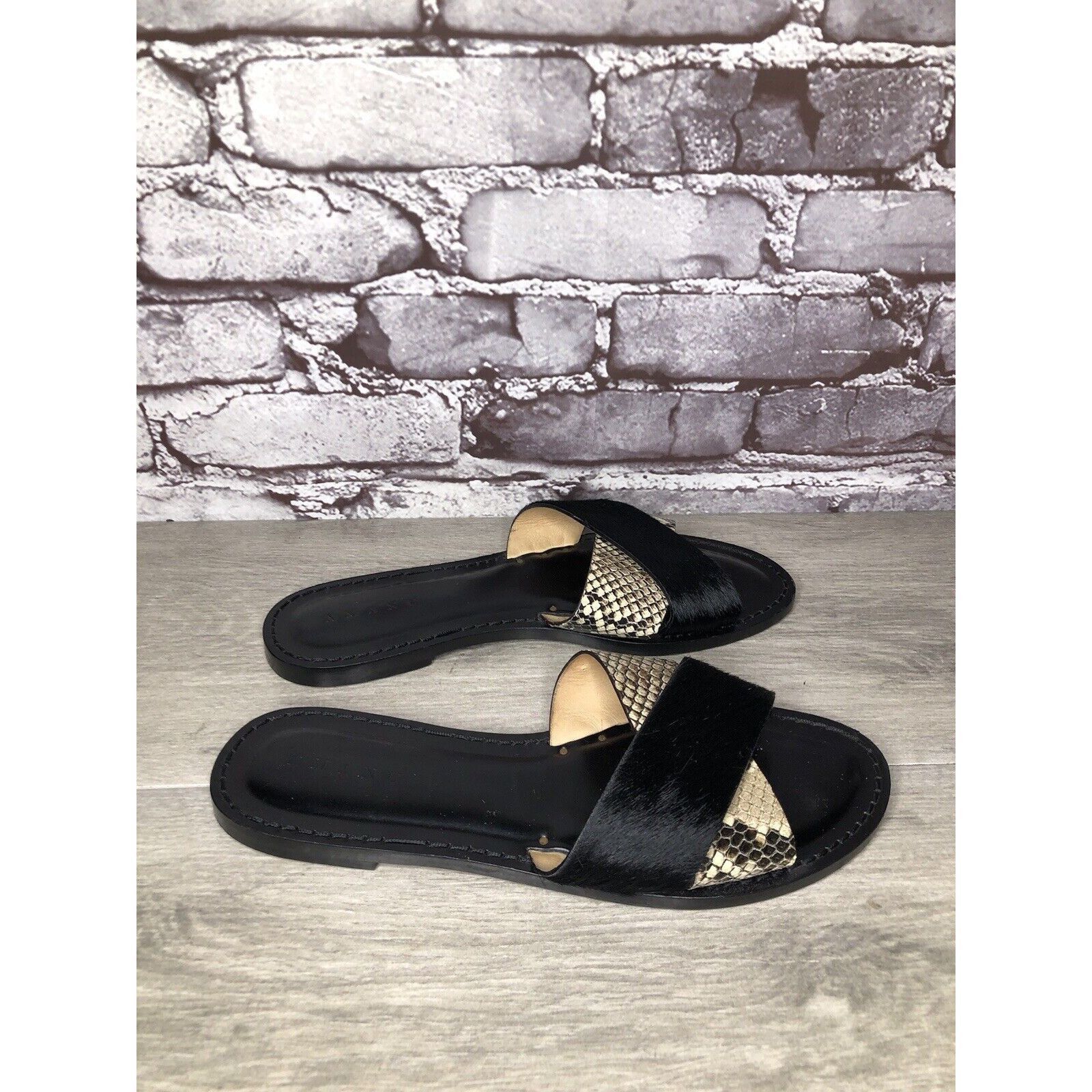 Other Amanu Black Calf Hair Leather Python Cross Strap Slides Sand Size US 9 / IT 39 - 3 Thumbnail