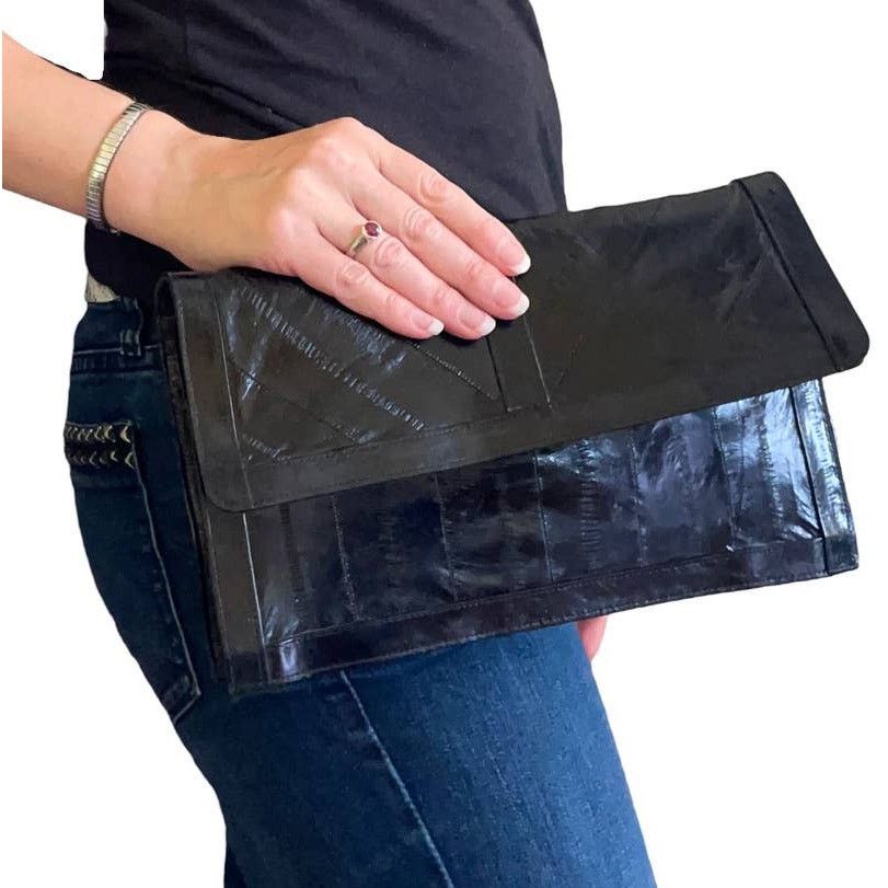 Vintage Vintage Eel Skin Black Leather Shoulder Bag Clutch Purse Size ONE SIZE - 10 Thumbnail