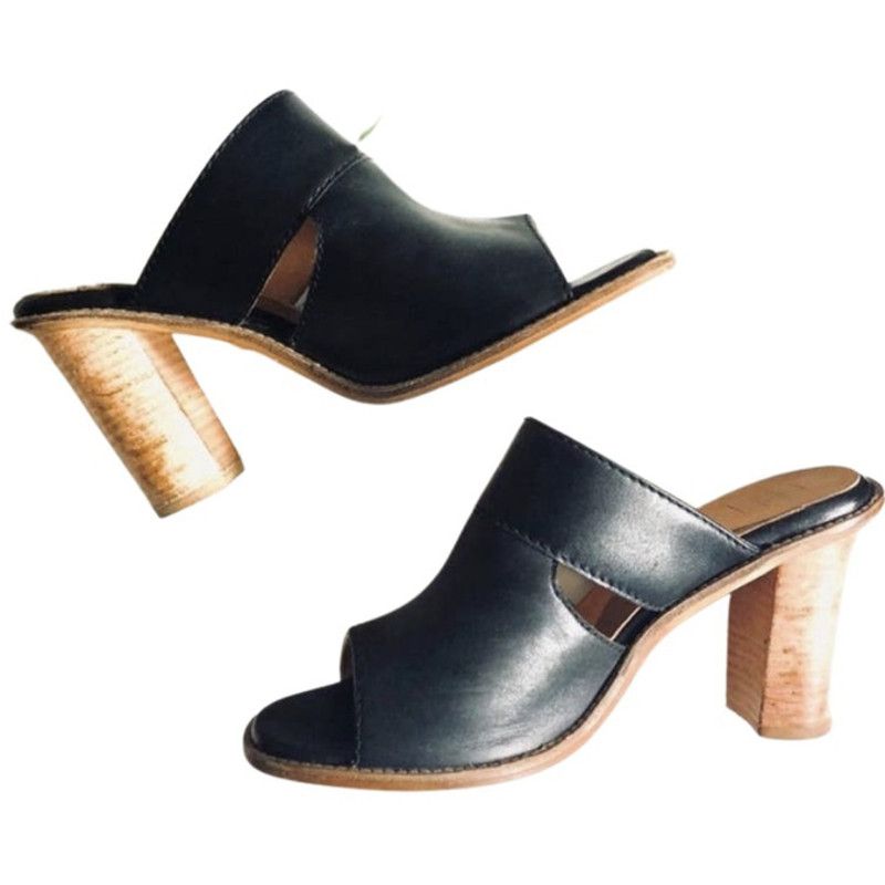 image of Nordstrom Sey Black Tan Leather Mule Slide Open Toe Chunky Heel Shoes, Women's (Size 9)