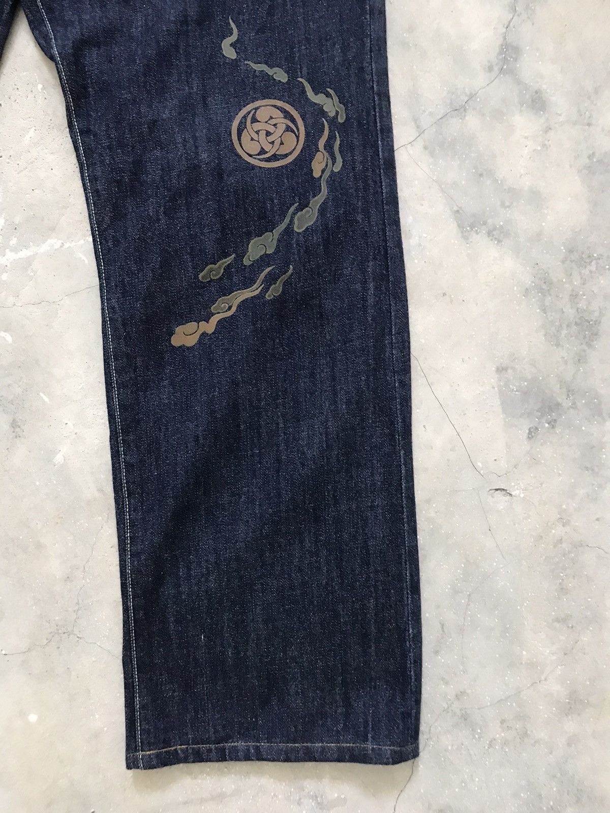 Japanese Brand ONIGASHIMA Raiijin Painted Blue Denim Jeans Size US 36 / EU 52 - 2 Thumbnail