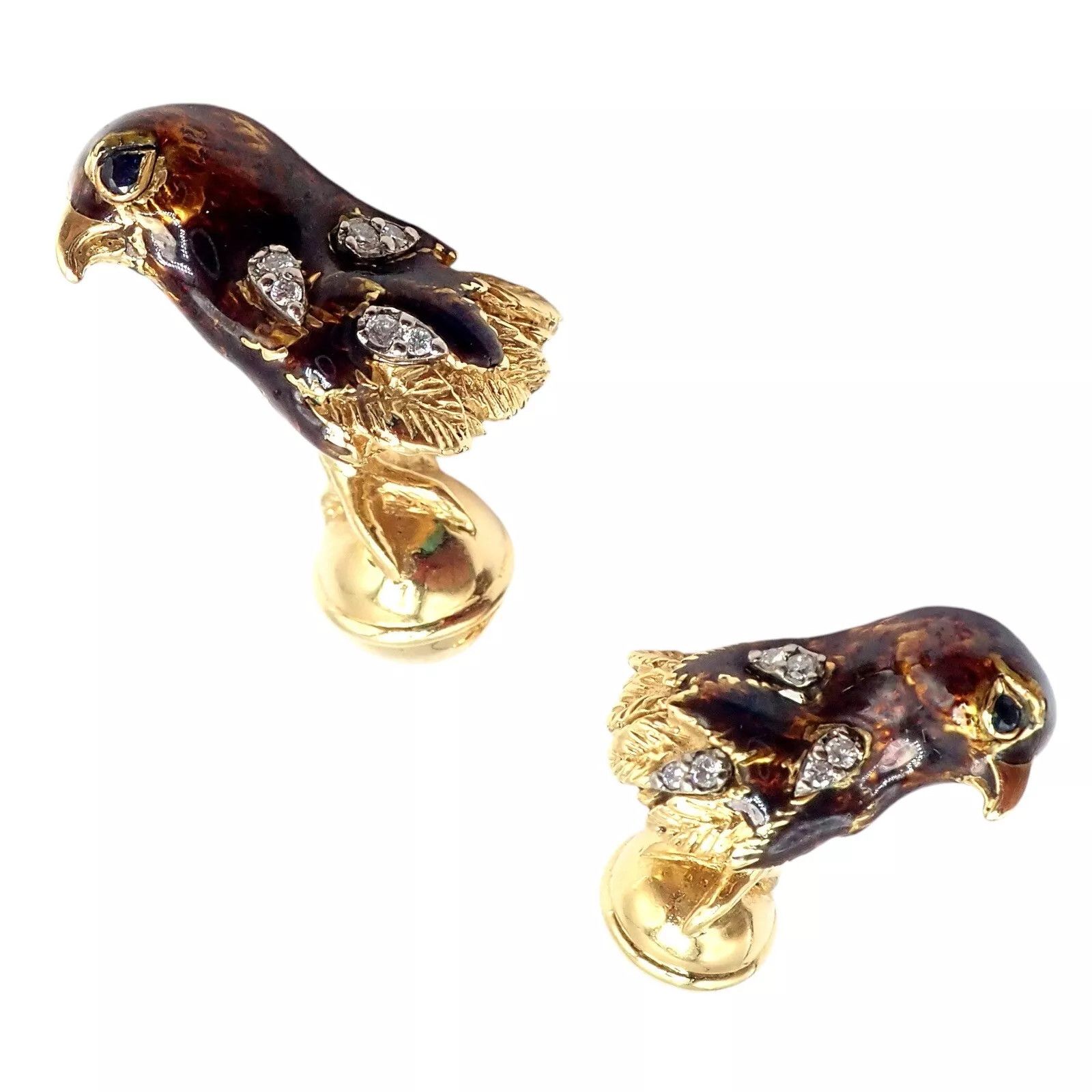 Tiffany & Co. 18k Yellow Gold Diamond Enamel Falcon Eagle Bird Cufflinks Size ONE SIZE - 1 Thumbnail