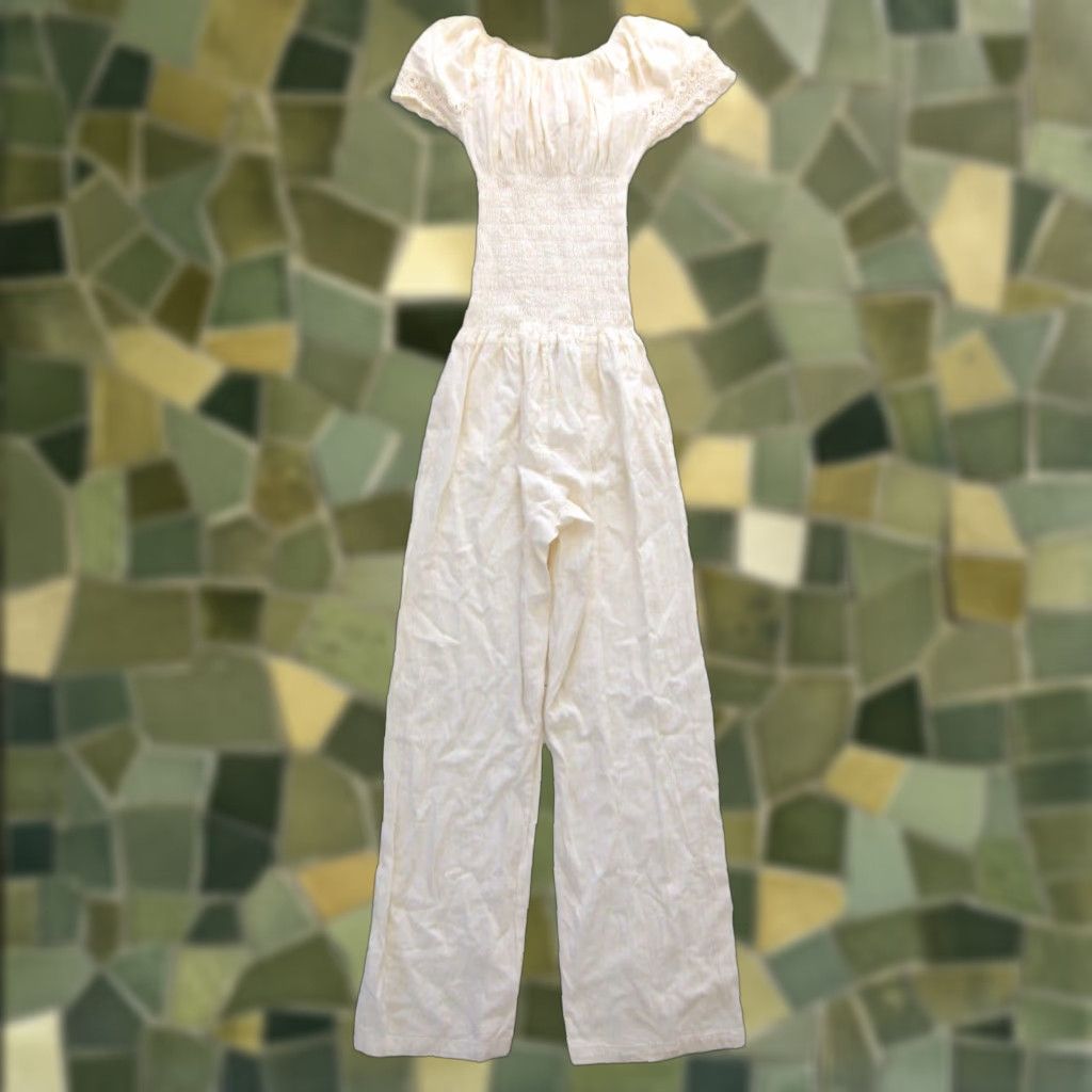 Vintage Matices Textil Peru 100% Cotton Ivory Off Shoulder Pocket Jumpsuit M Women Medium Size 32" / US 10 / IT 46 - 1 Thumbnail