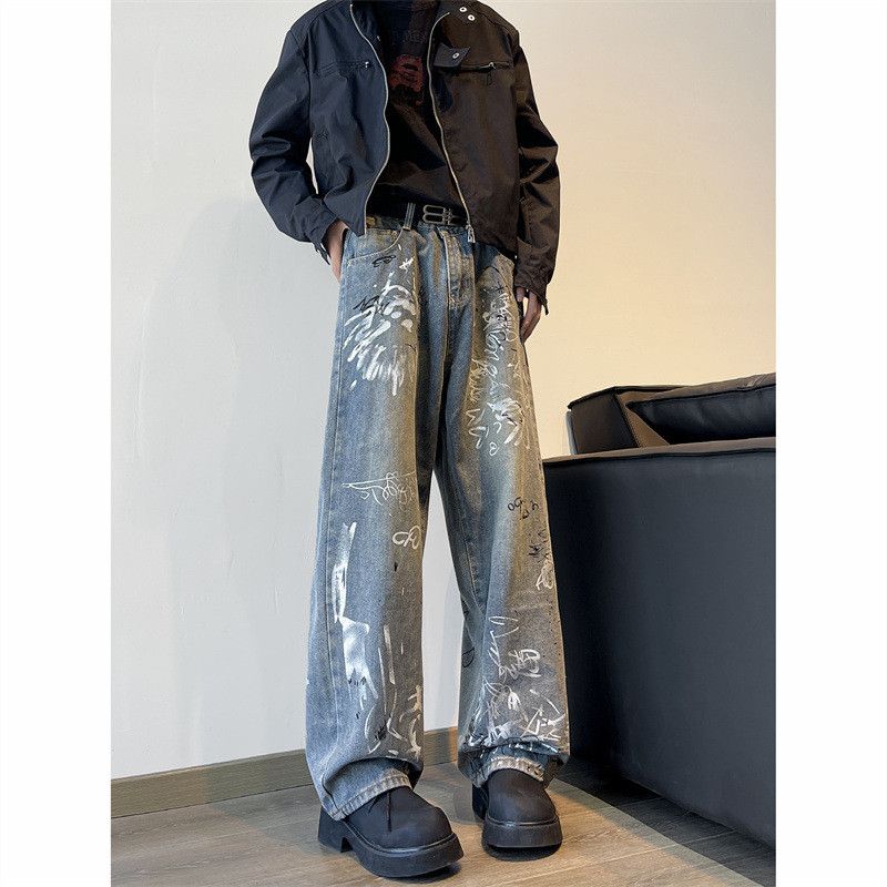 Retro loose wide leg graffiti printed jeans