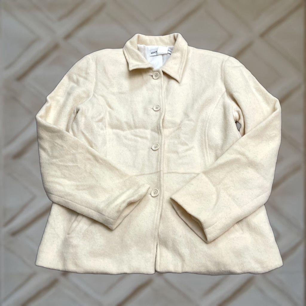 VINTAGE Adolfo Studio Blazer Jacket Womens 12 Ivory Wool Blended Lined Button Short Sleeve Classic Designer Outdoor Womens