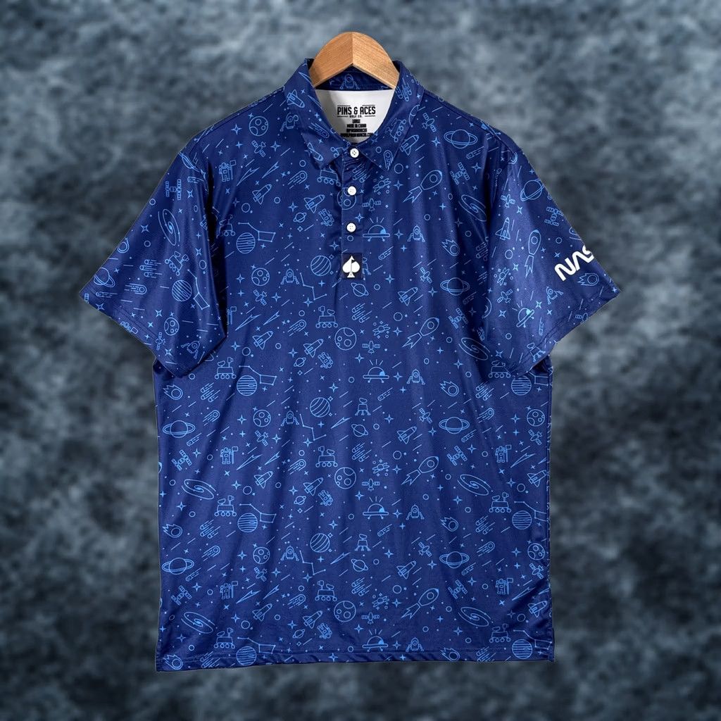 Vintage Pins & Aces NASA Polo Shirt Mens L Blue Space Print Golf Performance Size US L / EU 52-54 / 3 - 1 Thumbnail