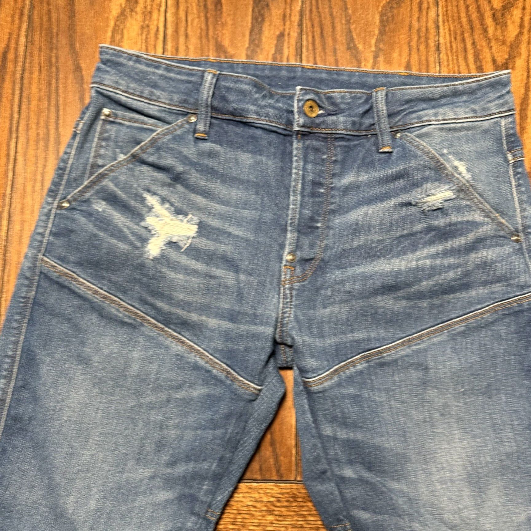 Vintage G Star Raw Jeans Mens 32x31 Blue 5620 3D Zip Knee Super Slim Denim Distressed Ripped Knee Slim Fit Zip Jeans Blue Mens Regular Size 32x31 US 31 Inseam Size US 31 - 5 Thumbnail