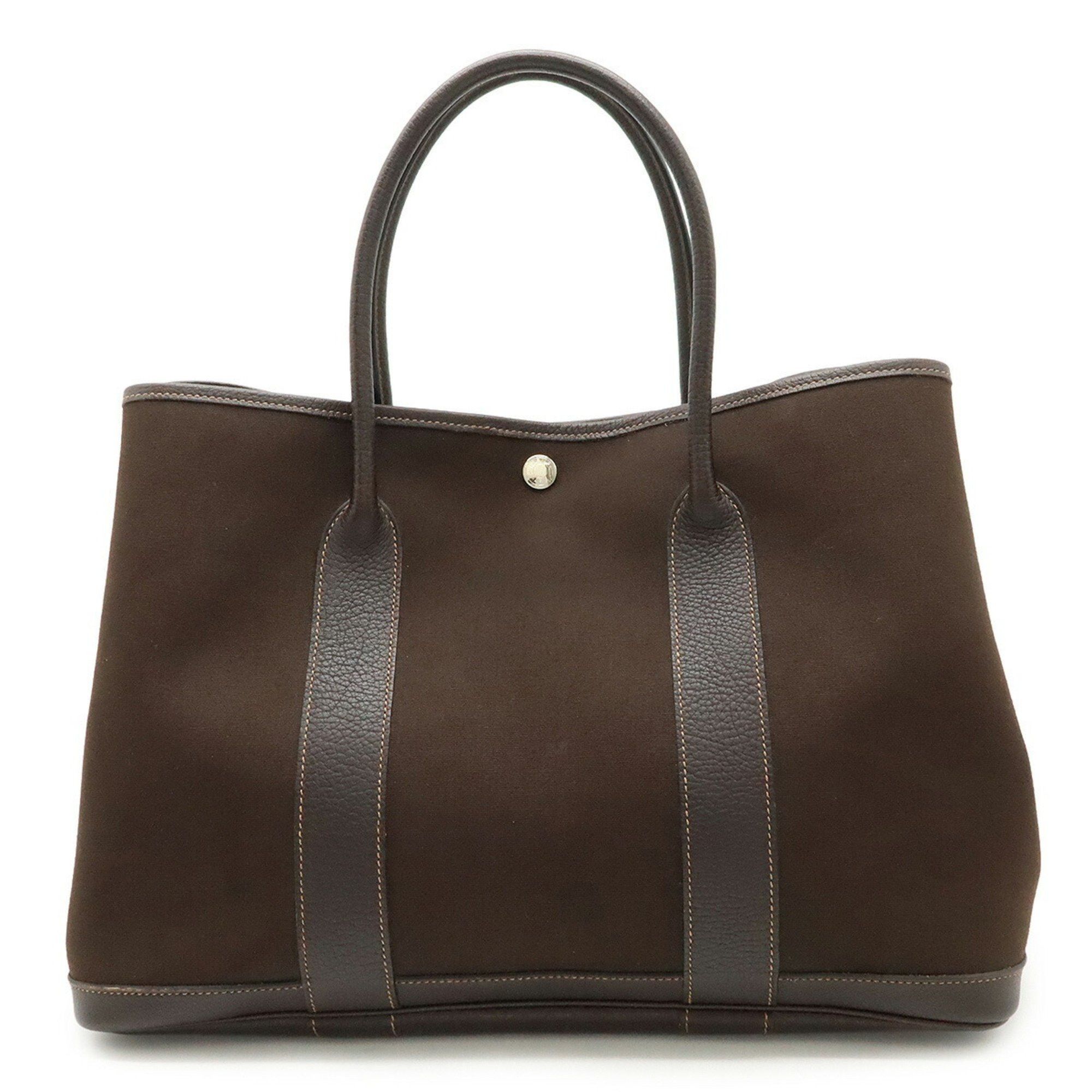Hermes Garden Pm Tote Bag Handbag Toile Officier Canvas Leather Dark Brown H Stamp, Women's
