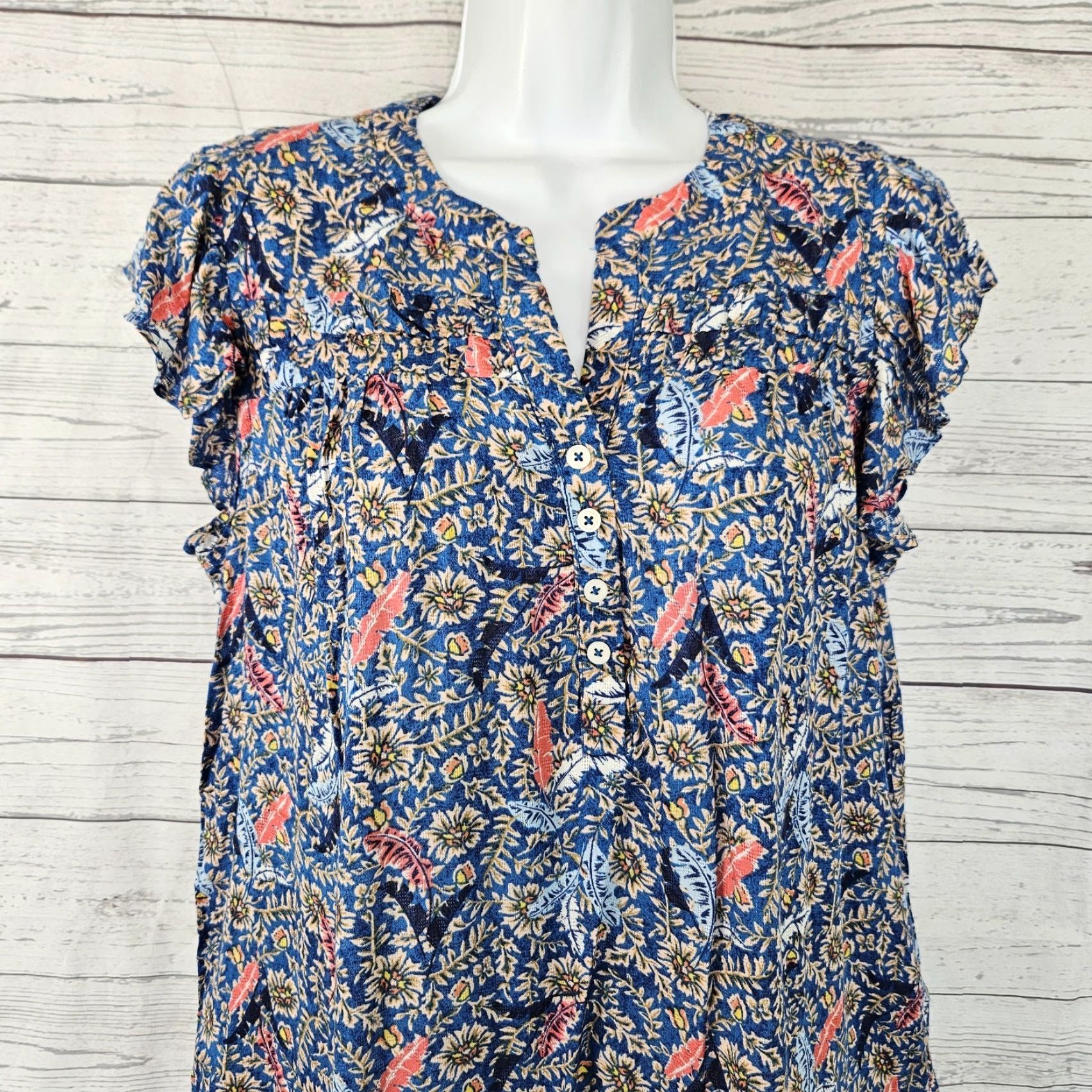 Vintage Knox Rose Womens Top Sz Medium Blue Pink Floral Feathers Short Sleeve Blouse Regular M Womens Size M / US 6-8 / IT 42-44 - 2 Thumbnail