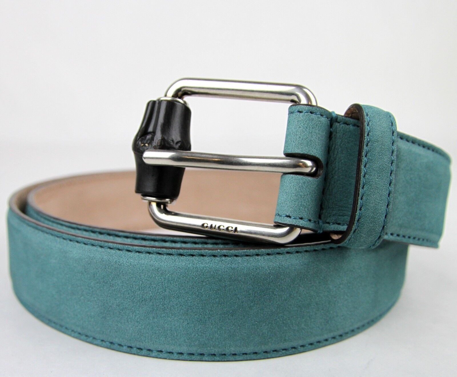 image of Gucci Men's Suede Leather Suede Bamboo Buckle Belt(110 / 44) in Teal