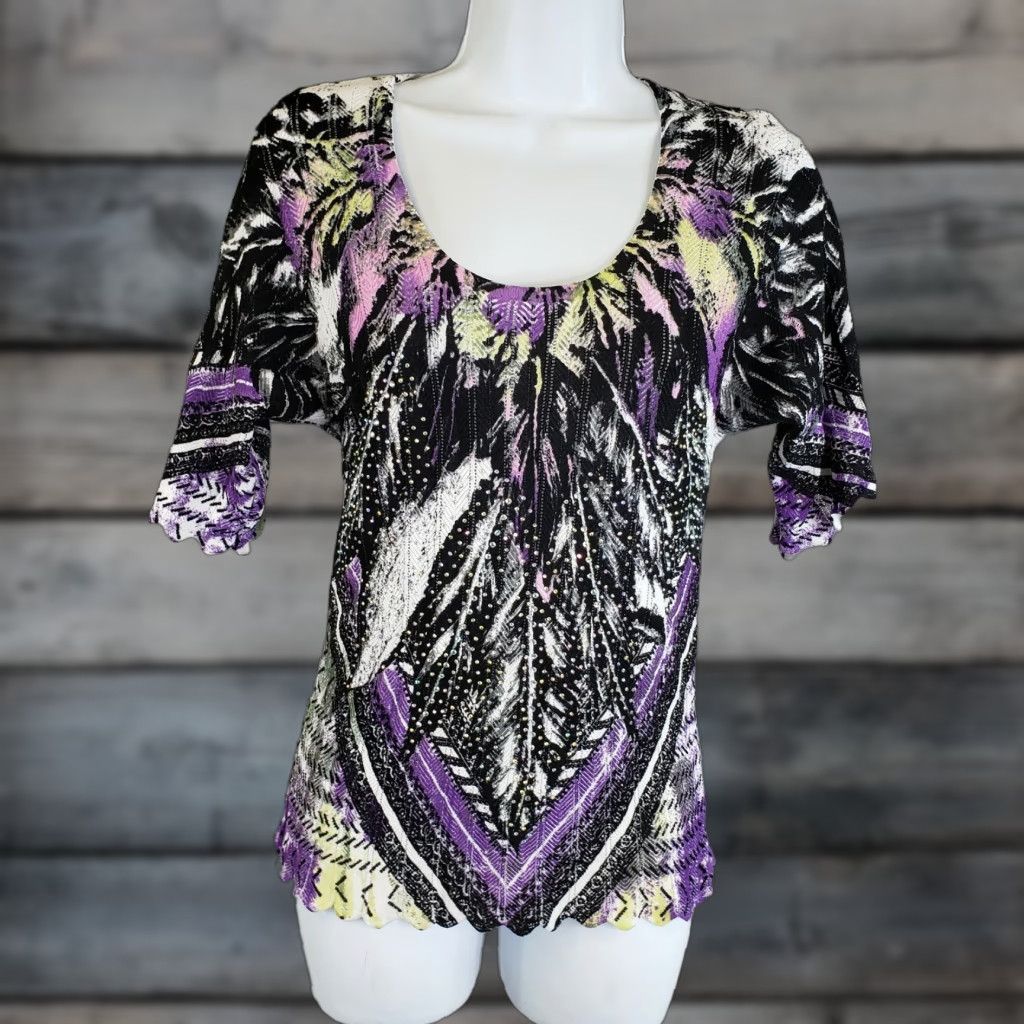 Vintage Alberto Makali Womens Knit Top Sz Small Purple Rhinestones Rayon Blend Knit Top Blouse Scoop Neck Women S Rhinestones 65% rayon 35% nylon Vintage No Size S / US 4 / IT 40 - 1 Thumbnail