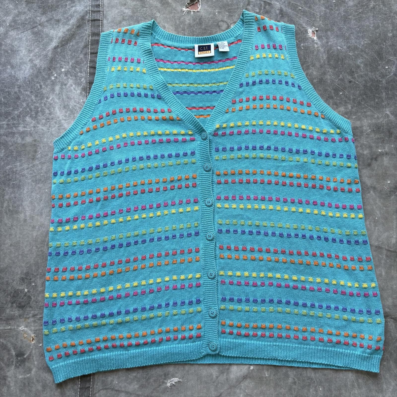 Vintage Vintage 90s Turquoise Embroidered Dots Sweater Cardigan Vest Size XXL / US 16-18 / IT 52-54 - 1 Thumbnail