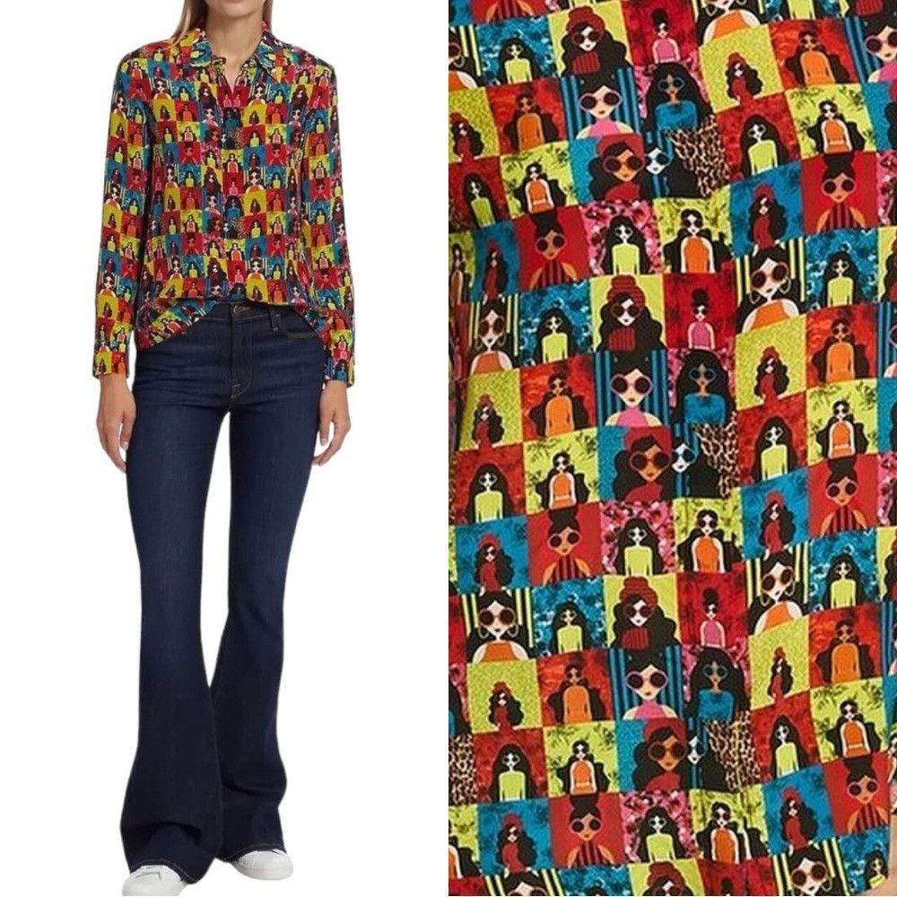 Alice + Olivia ALICE + OLIVIA WILLA CHECKERED GRAPHIC SILK BUTTON UP SHIRT Size XS / US 0-2 / IT 36-38 - 6 Thumbnail