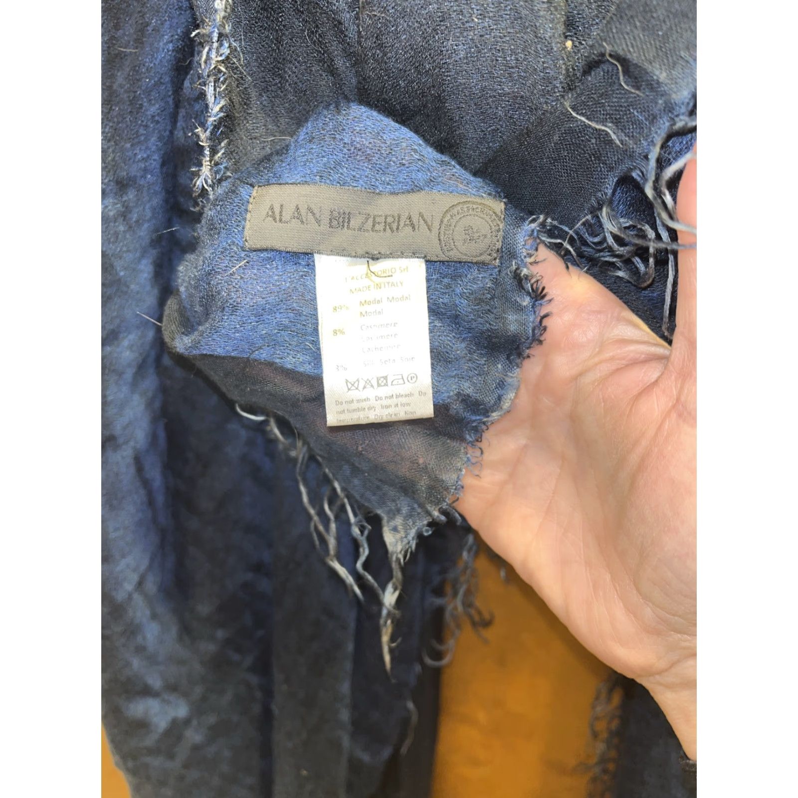 Vintage VINTAGE Alan Bilzerian Women's Square Shawl Wrap 52x56 Black Blue Cashmere Silk Modal Fringe Bohemian Art Festival Size ONE SIZE - 3 Thumbnail