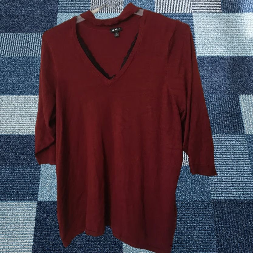 Torrid Torrid Plus Size 4X Lace Trim V Neck Choker Neck Sweater Maroon Red Pullover Knit Long Sleeve Womens Size XXL / US 16-18 / IT 52-54 - 1 Thumbnail