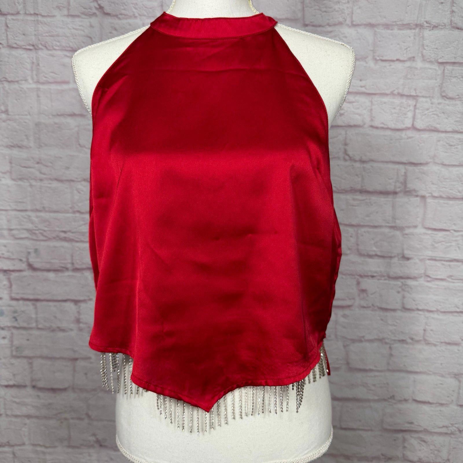 Other Blue B Collection Red Satin Halter Top with Fringe Large NWT Size L / US 10 / IT 46 - 2 Thumbnail