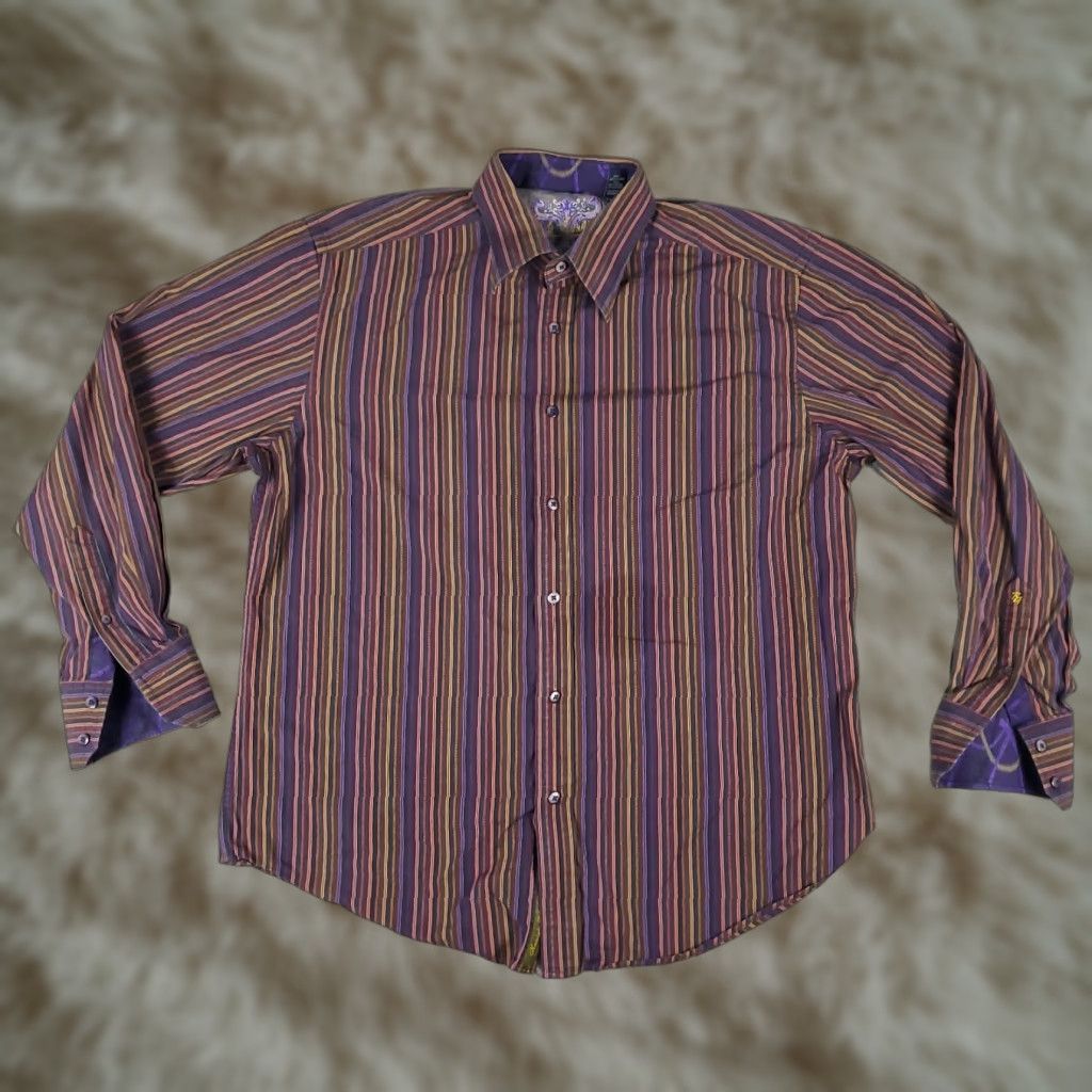Robert Graham VINTAGE Robert Graham Shirt Mens Large Purple Red Striped Button-Up Long Sleeve – Regular Fit, Cotton, Classic American Style, 90s/Preppy, Mens Size US L / EU 52-54 / 3 - 1 Thumbnail