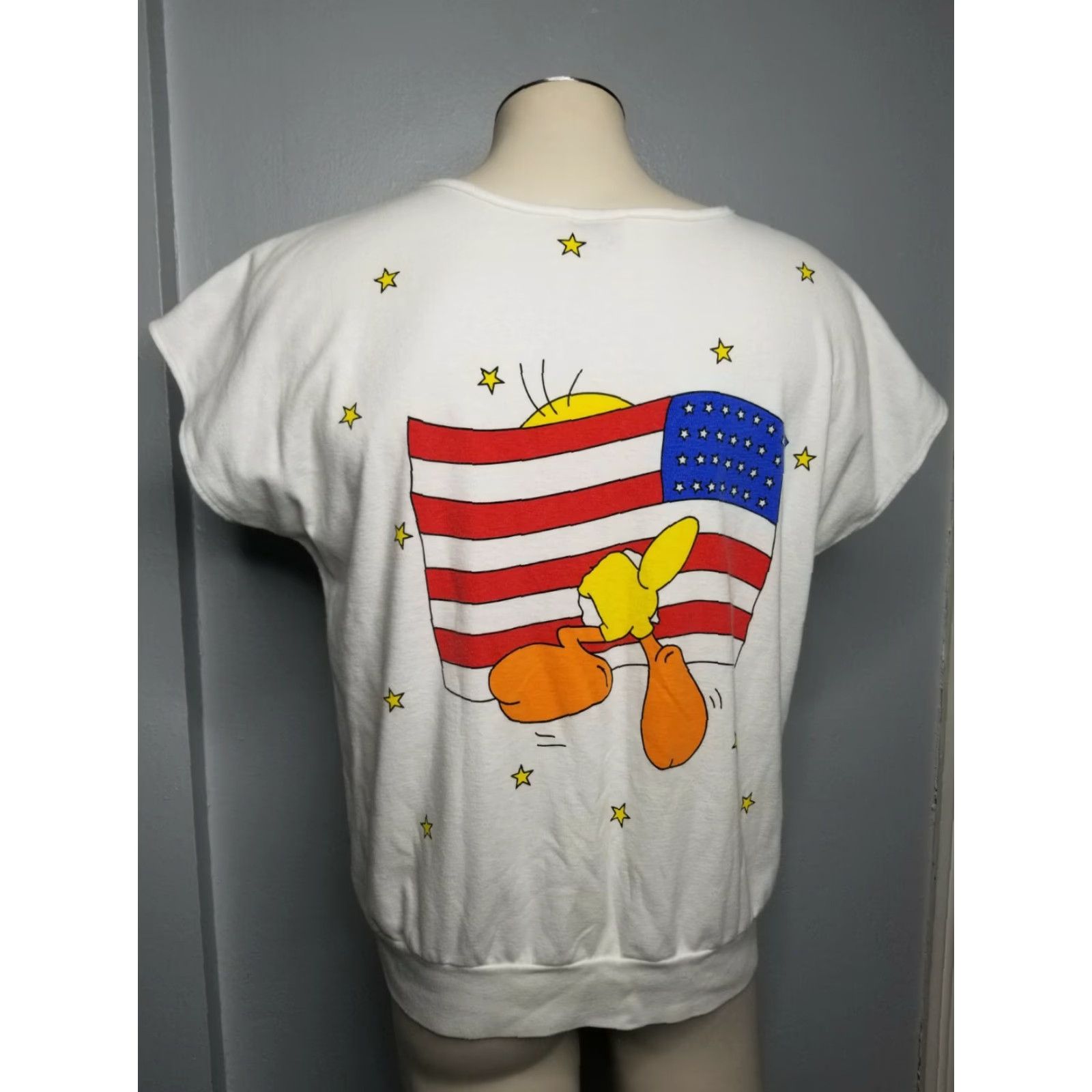 VINTAGE Warner Bros 1986 Tweety Bird T-Shirt Womens XL White American Flag 80s Cotton Casual Novelty