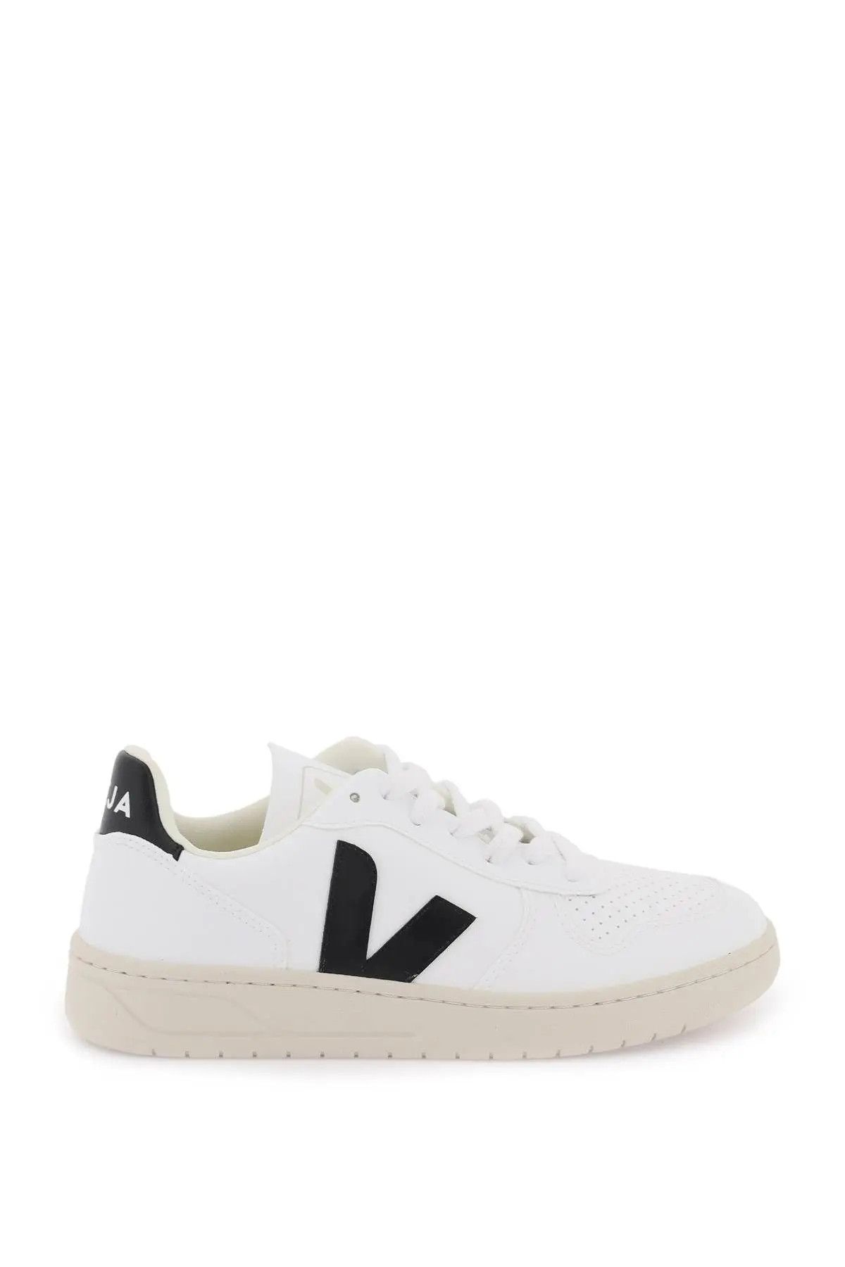 image of Veja O1S22I1N1223 V-10 Leather Sneakers In White Black, Women's (Size 9)