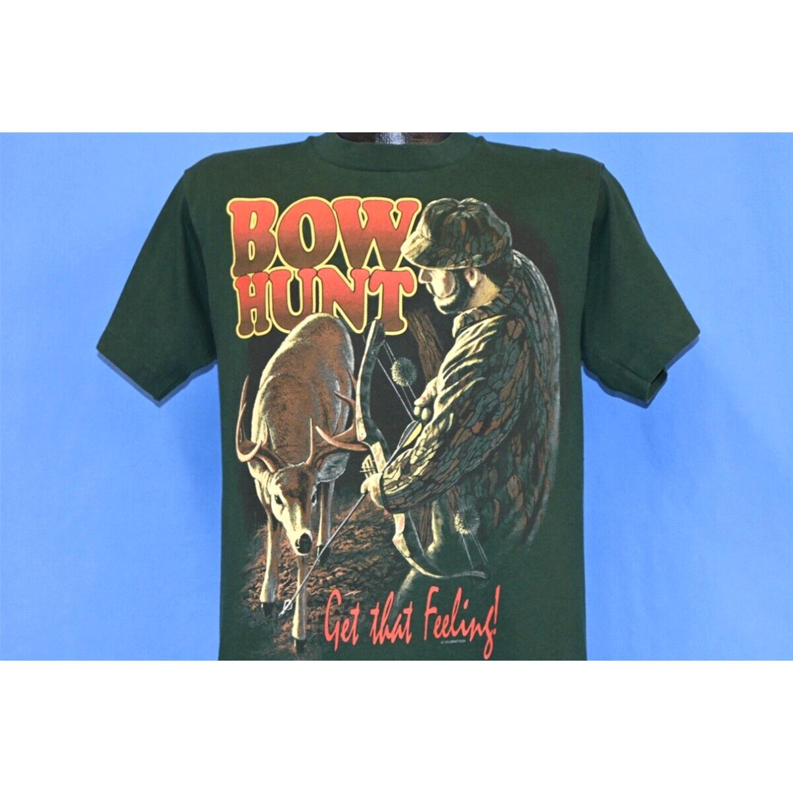 image of Fruit Of The Loom Vintage 90's Bow Hunt Get That Feeling Archery Crossbow Deer Hunting T-Shirt M in