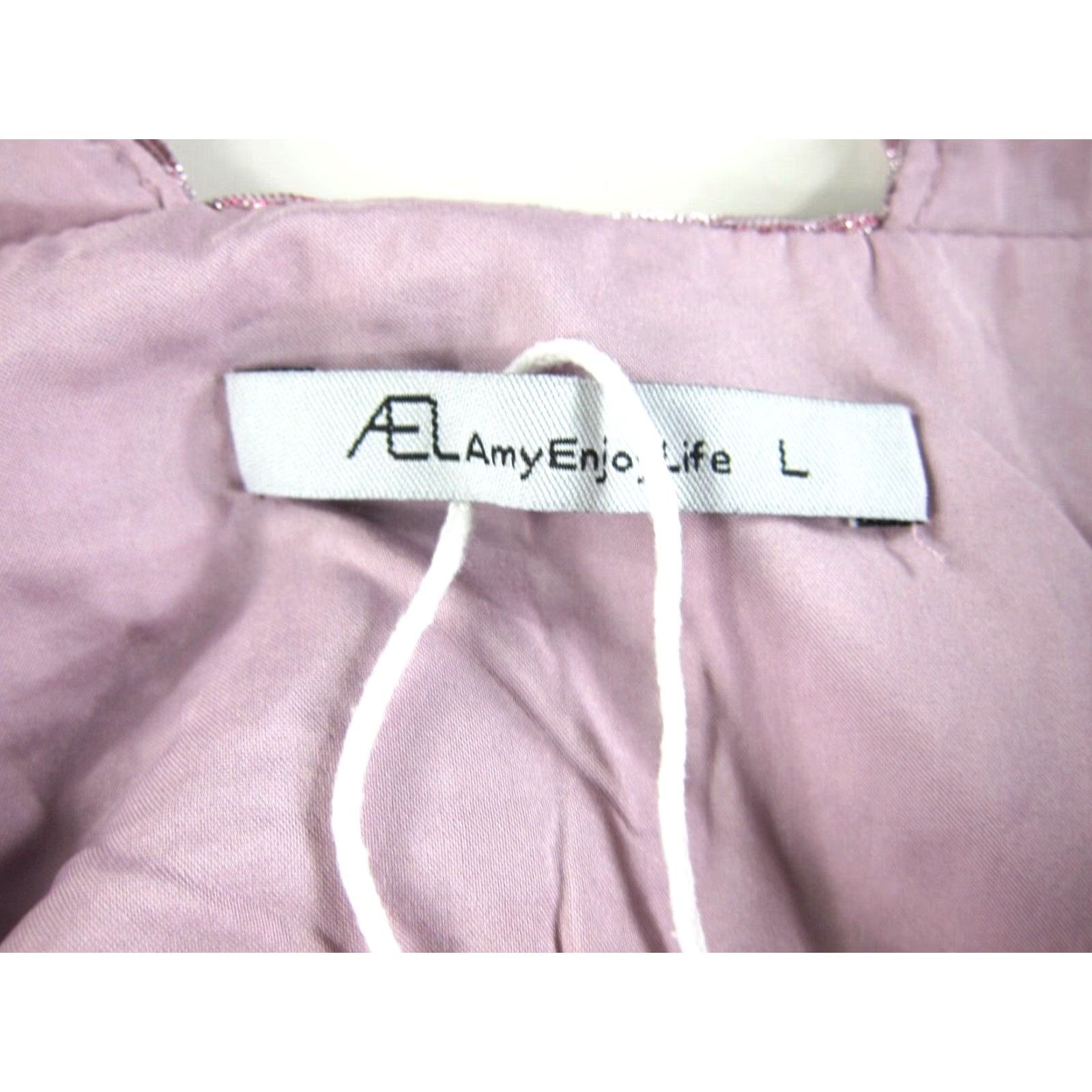 Alife AEL Amy Enjoy Life Pink Shimmery Sparkle Dress – Long Flare Sleeve V-Neck, Large, Women, Polyester, Short Length Size L / US 10 / IT 46 - 3 Thumbnail